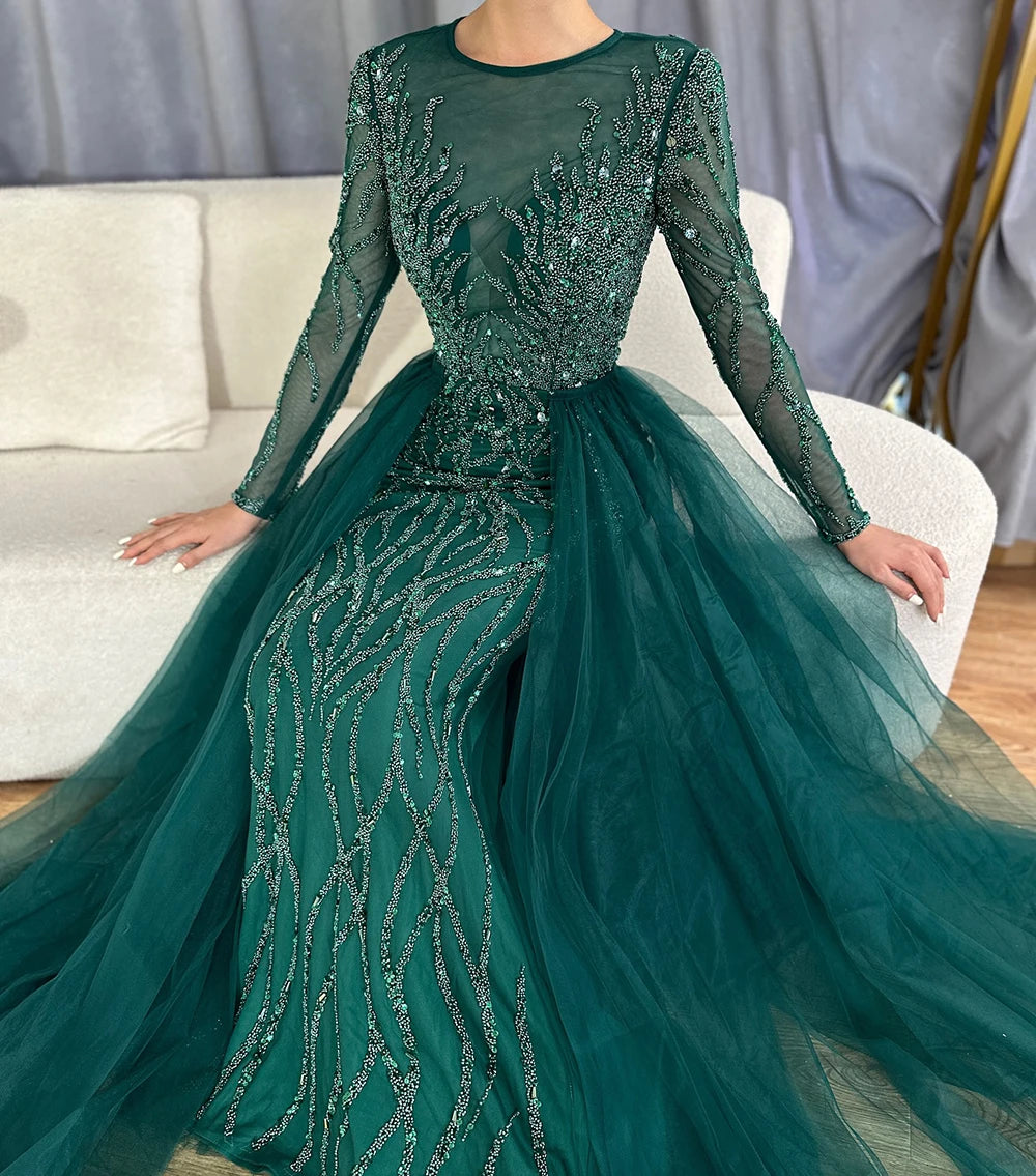 Elegant Muslim Green Evening Dress with Train - 2025 Mermaid Beaded Gown for Women | Luxury Party Wear | Perfect for Weddings, Galas & Formal Events