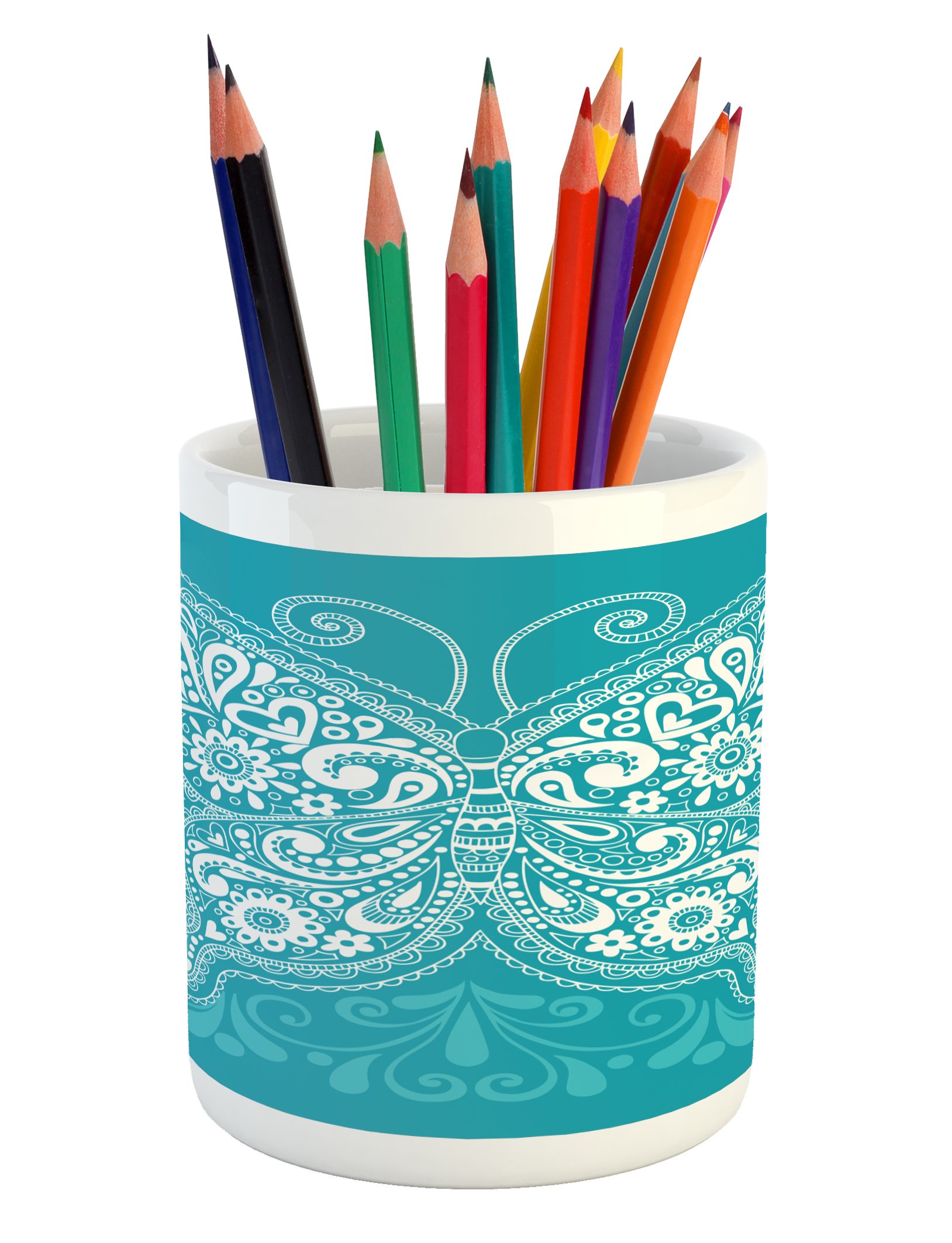 Lunarable Butterfly Pencil Holder - Floral Paisley Design with Hearts & Animal Illustrations, Ceramic Desk Organizer for Office & Home Decor | Perfect for Workstations, Study Rooms & Gift Giving (Pale Blue & White)