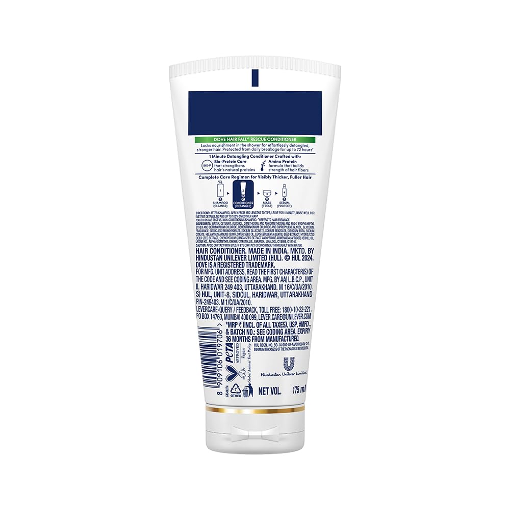 Dove Hair Fall Rescue 1-Minute Conditioner with Bio-Protein & Amino Protein for Weak & Breakage-Prone Hair | 72-Hour Strengthening & Detangling | 175ml | Perfect for Daily Use & Damaged Hair Recovery