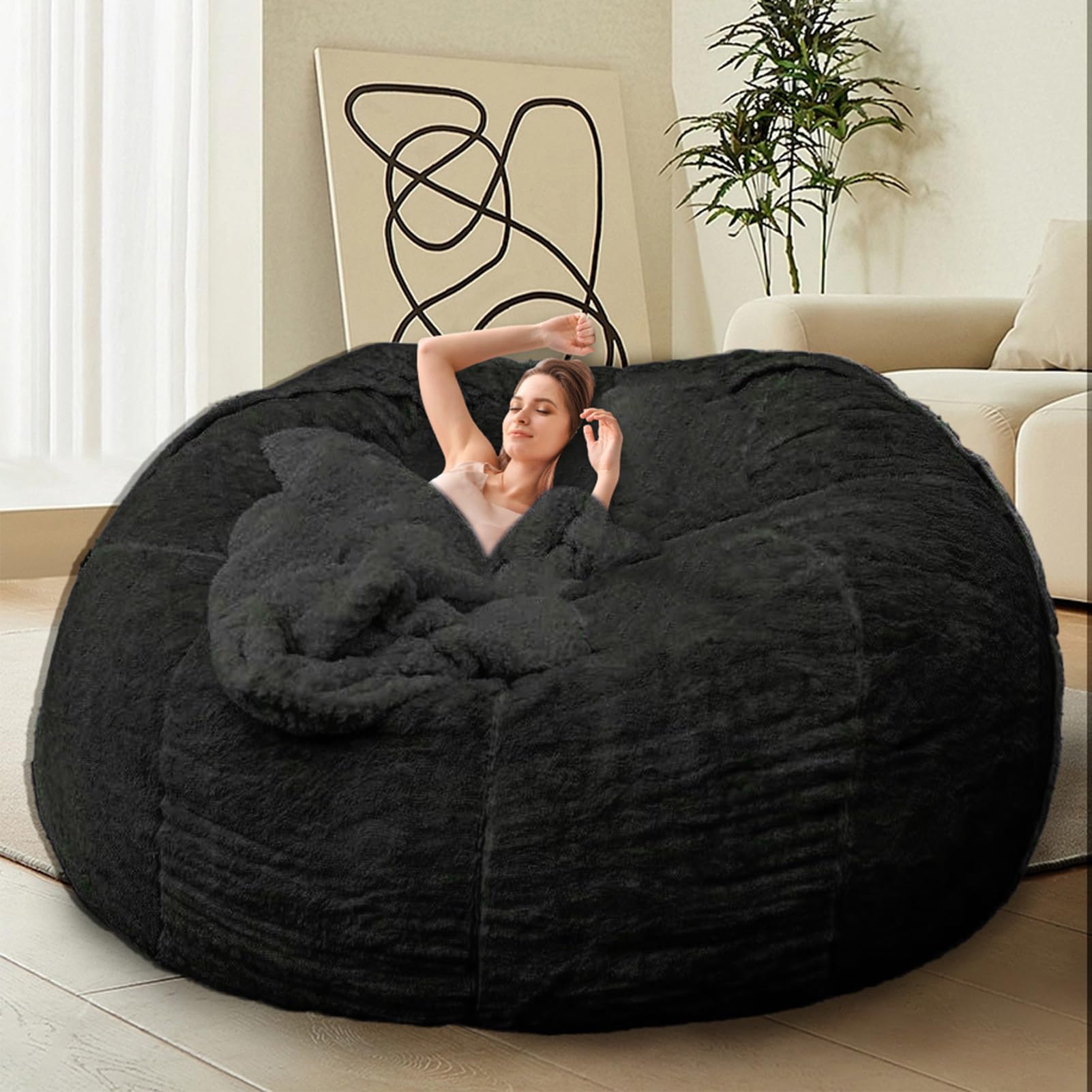 **6FT Giant Fluffy Bean Bag Chair for Adults & Kids - Comfy Round Lazy Sofa Cover Without Filling - Perfect for Reading, Gaming & Lounging - Black**