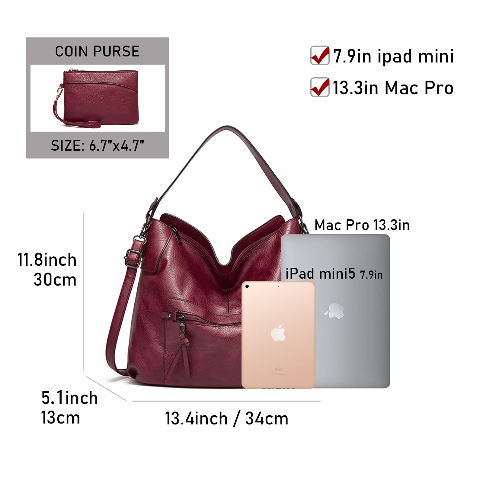 Gladdon Women's Large Capacity Hobo Handbag - Genuine Leather Crossbody Shoulder Tote Bag with Detachable Small Purse (2-Piece Set) | Perfect for Work, Travel & Everyday Use