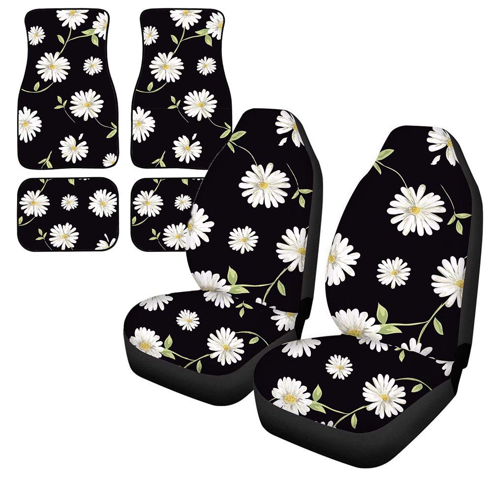 FUIBENG Black Car Seat Covers with White Daisy Flower Print & Non-Slip Neoprene Floor Mats - 6-Piece Full Set for Front and Rear Seats | Perfect Gift for Women | Ideal for Daily Commute, Road Trips, and Car Interior Protection