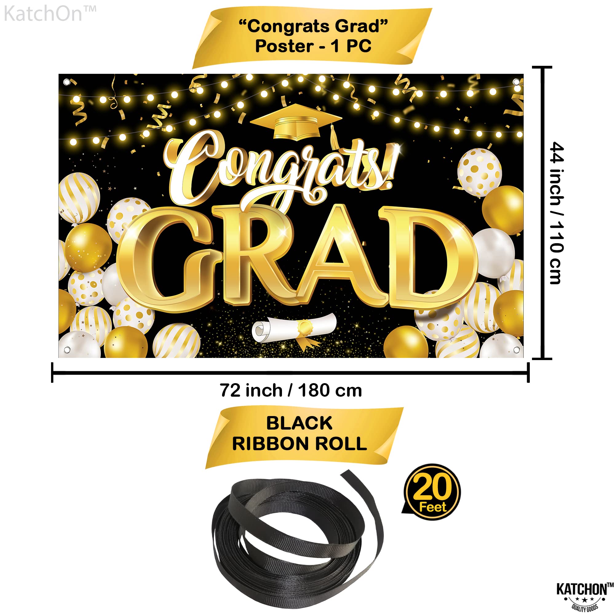 KatchOn Black & Gold Extra Large Graduation Banner 72x44 Inch - Class of 2025 Party Decor, Backdrop for Graduation Ceremony | Perfect for Graduation Party Decorations, Photo Booth Background, School Events & Home Celebration