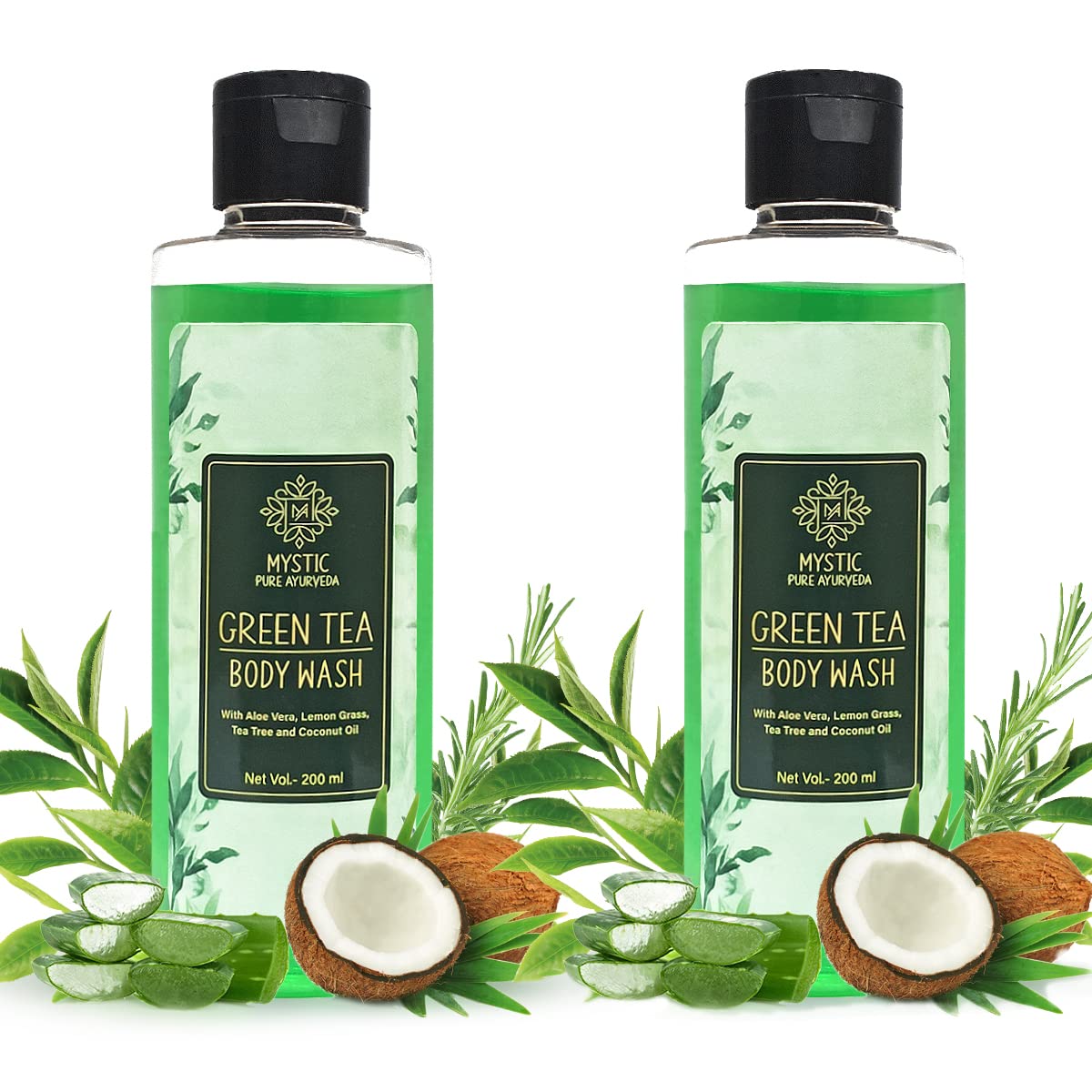 Mystic Pure Ayurveda Green Tea & Lemongrass Body Wash - Skin Purification & Hydration with Tea Tree & Coconut Oil (13.5 fl oz) | Refreshing Daily Shower Gel for Dry & Sensitive Skin