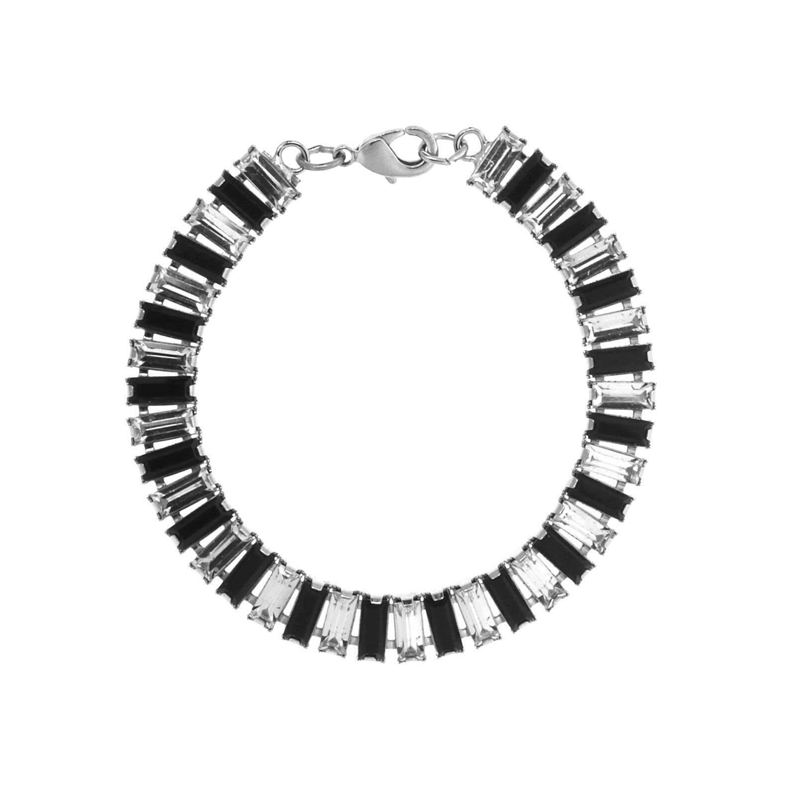 1928 Jewelry Jet Black & Crystal Clear Austrian Baguette Chain Link Bracelet for Women - Elegant Evening Wear & Special Occasion Accessory