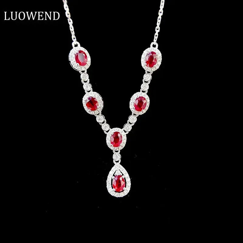 18K White Gold Ruby and Diamond Necklace for Women - Y-Shaped Luxury Fine Jewelry with Natural Gemstones - Perfect for Senior Banquets, Parties & Special Occasions