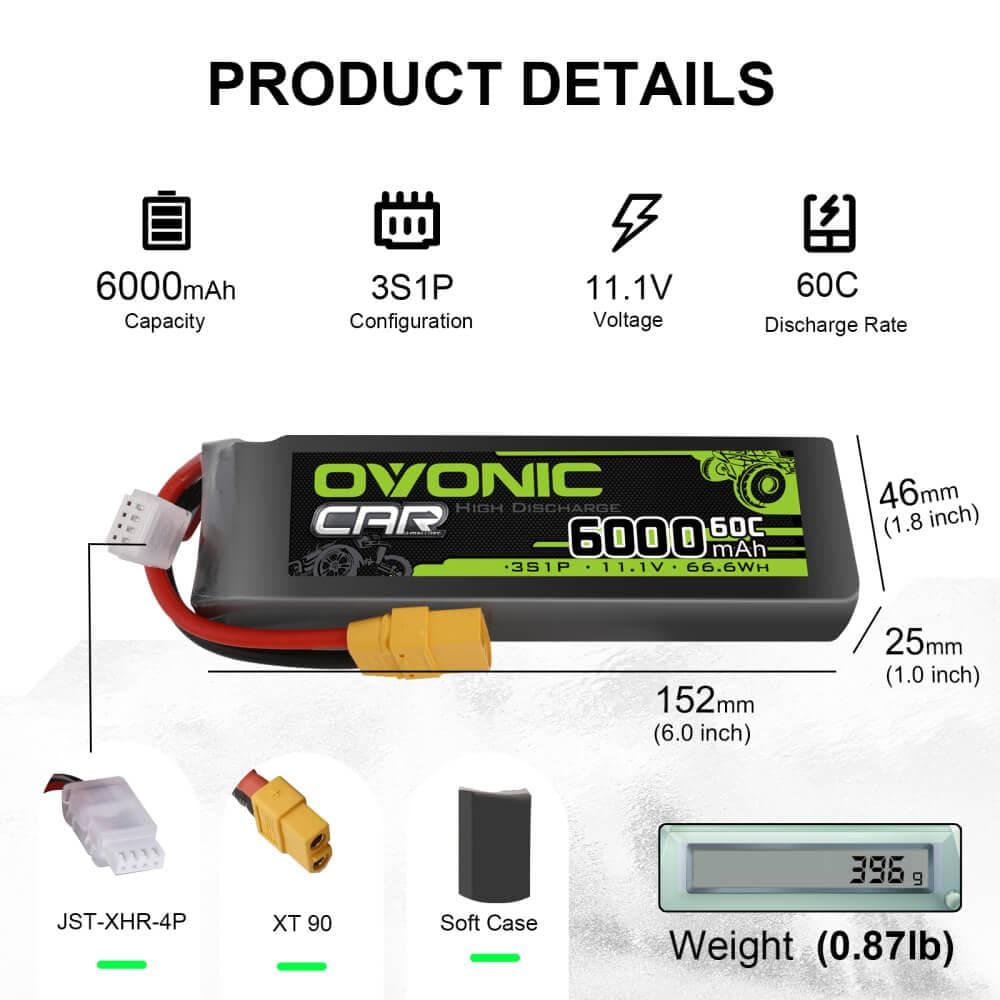 2 Pack Ovonic 60C 3S1P 6000mAh 11.1V LiPo Battery with XT90 Plug - High Performance RC Car Battery for Racing, Crawling & Off-Road Vehicles - Long Lasting Power for RC Trucks, Drones & Hobby Models