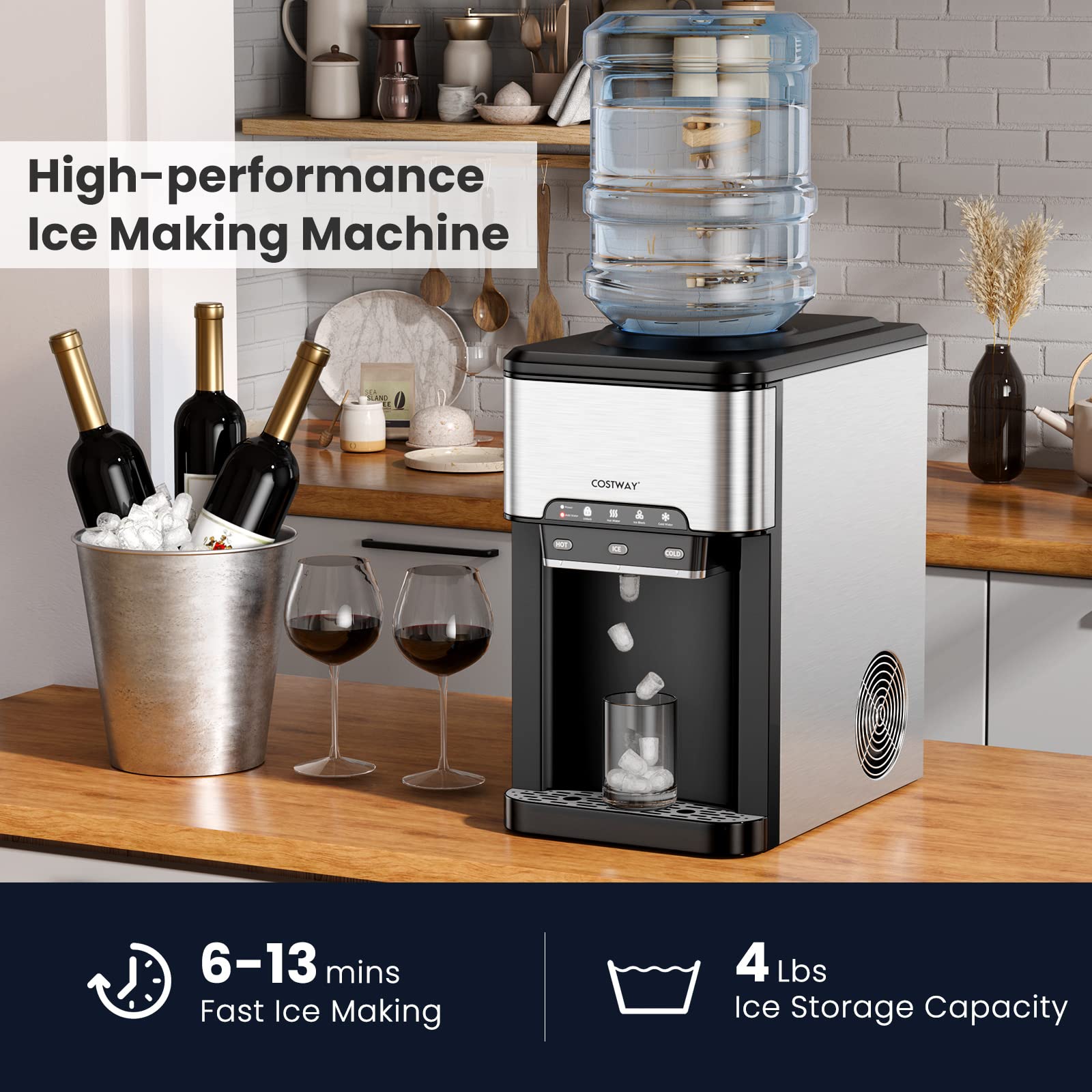 COSTWAY 3-in-1 Countertop Water Dispenser with Ice Maker | 3-5 Gallon Bottle Capacity | Hot & Cold Water Cooler | Safety Lock | 48Lbs/24H Ice Production | 12 Cubes, 4Lbs Storage Basket | Ideal for Home, Office, and Kitchen Use