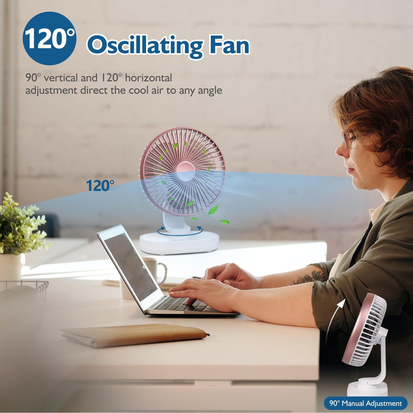 CONBOLA Small Desk Fan for Bedroom & Office - 4000mAh Rechargeable Battery Operated Fan with 90° Vertical & 120° Oscillation - 4 Speed Quiet Air Circulator for Home, Dorm, Office & Travel - Pink Portable Table Fan for Cooling & Airflow