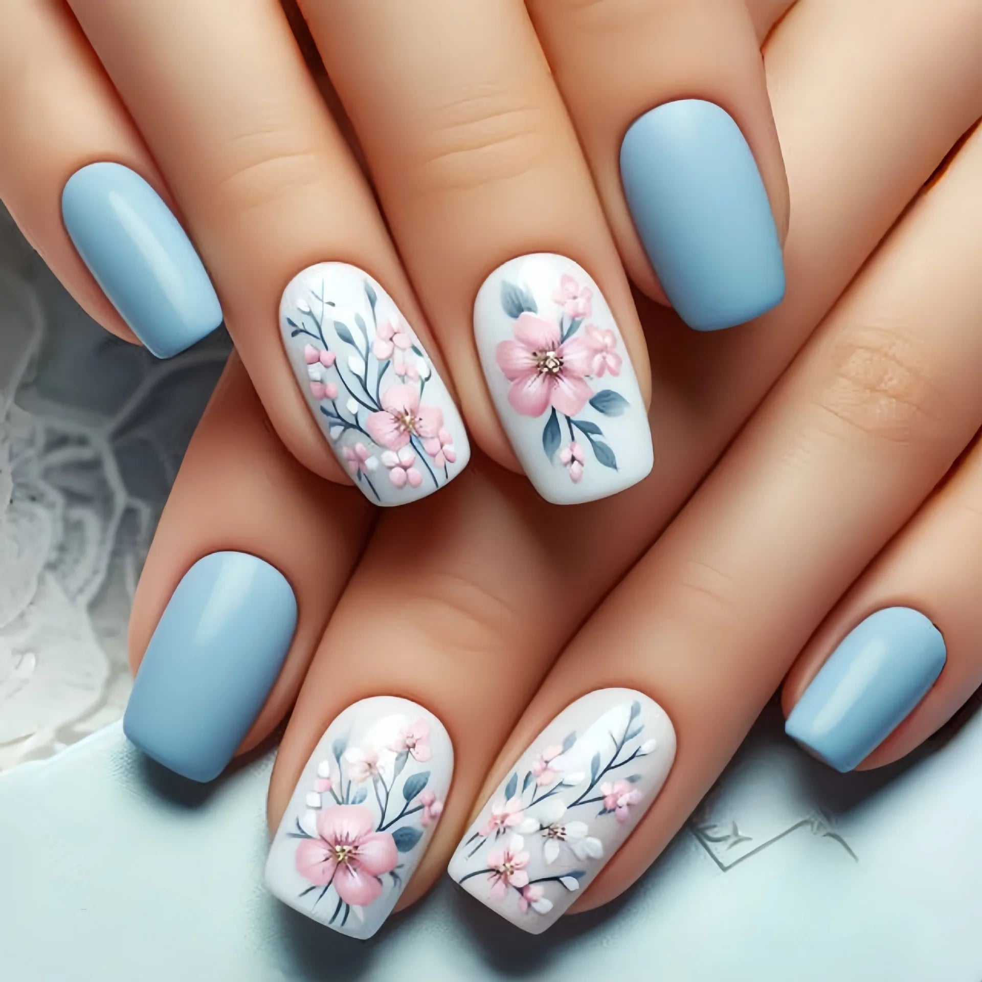 24Pcs Medium Length Press on False Nails - Ballet Blue Floral Design Fake Nails Set, Detachable Artificial Nails for Spring Summer Manicure | Perfect for Parties, Weddings, Date Nights & Special Occasions