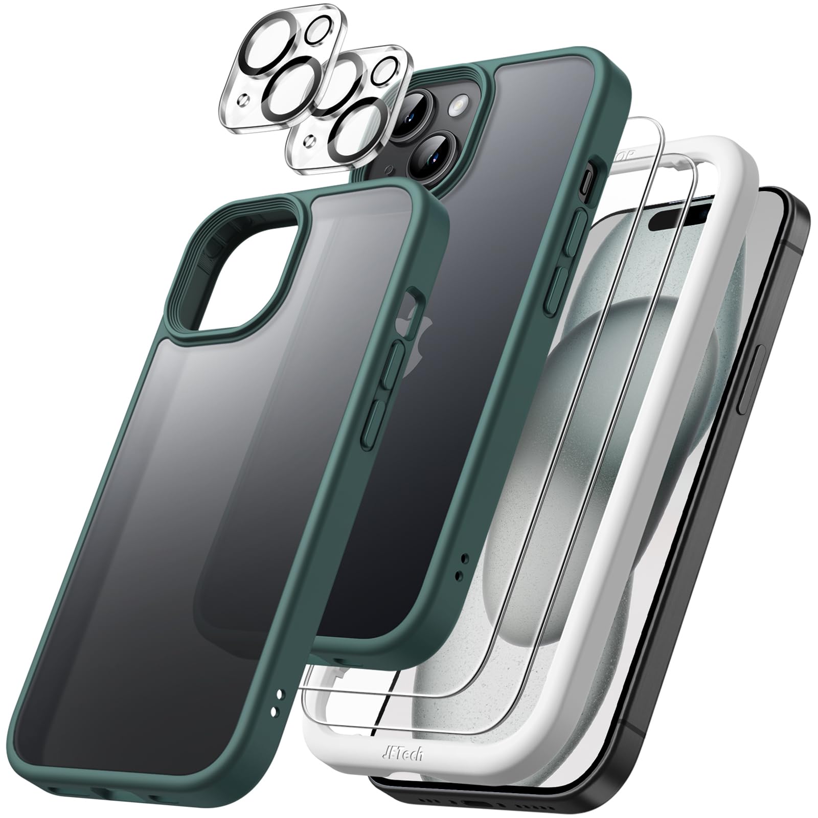 JETech 5 in 1 Matte Case for iPhone 15 Plus 6.7-Inch | 2-Pack Tempered Glass Screen Protector & Camera Lens Protector | Shockproof Translucent Back Cover (Dark Green) | Perfect for Daily Use, Travel & Outdoor Protection