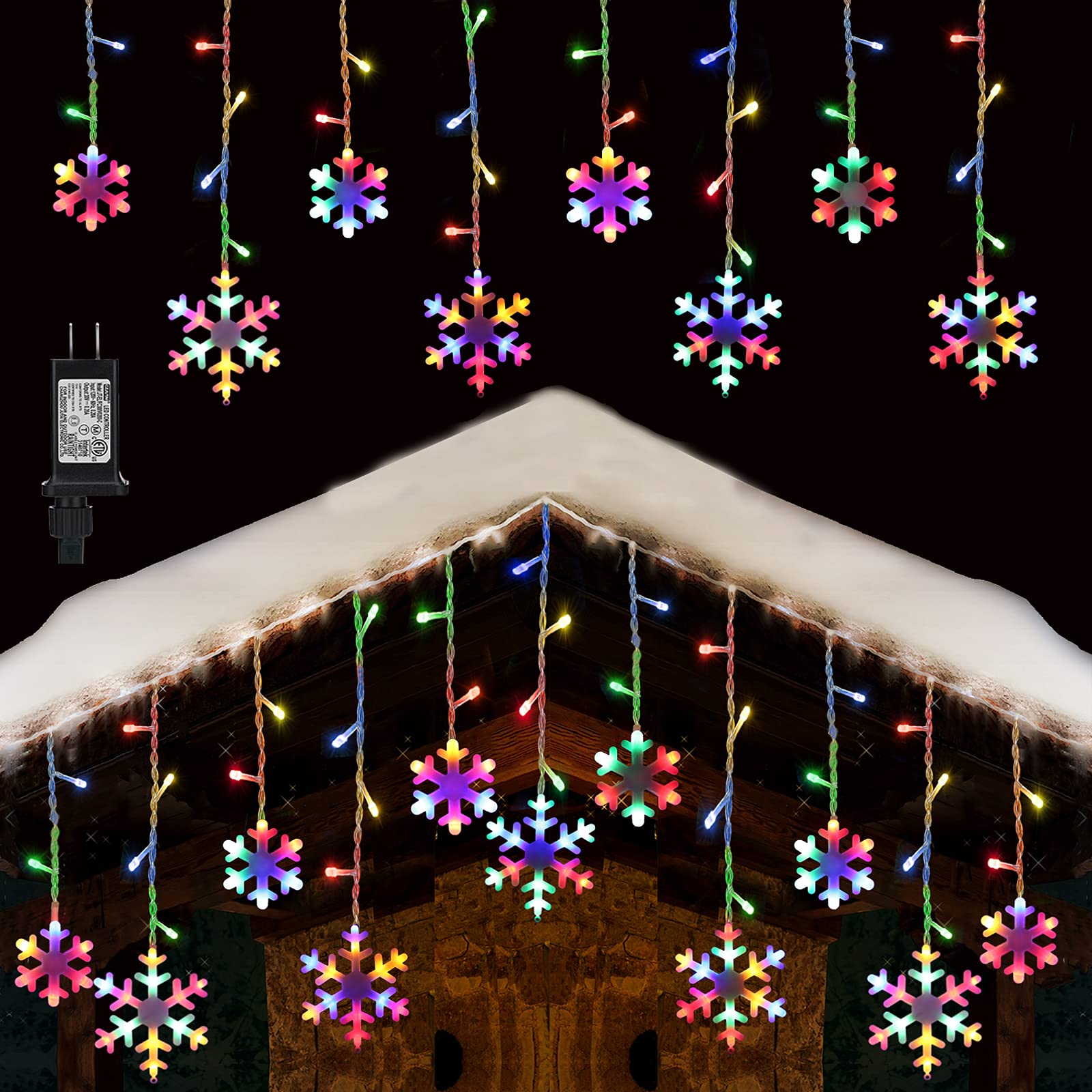 Toodour 17.22ft 264 LED Connectable Snowflake Icicle Christmas Lights - Waterproof Outdoor String Lights with 22 Drops & 8 Lighting Modes for Windows, Eaves, Curtains - Perfect for Holiday Decorations, Xmas Tree, Party, Garden, and Indoor/Outdoor Festive Lighting