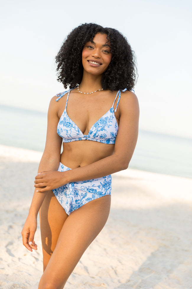 Vintage Floral Print Bikini Top - Marina Mood Blue & Ivory | Retro Swimwear for Women | Perfect for Beach Vacations, Pool Parties & Summer Getaways