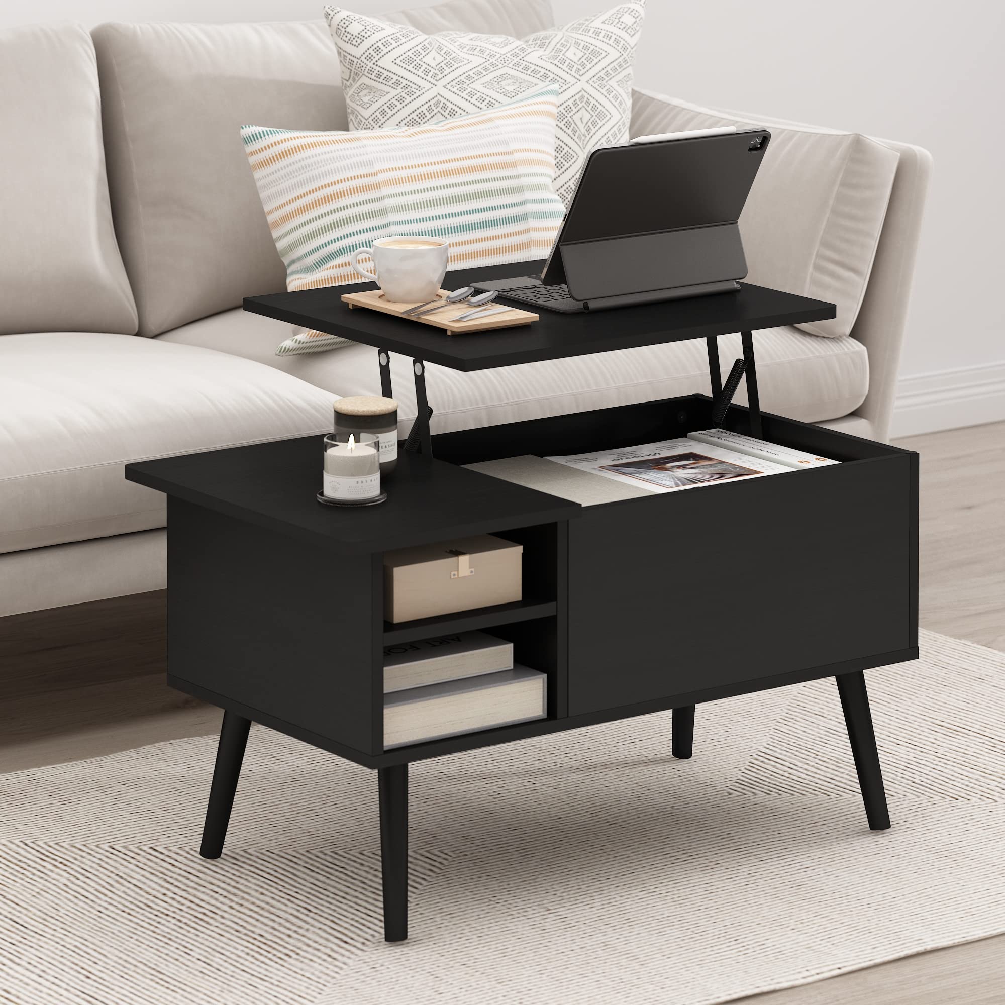 Furinno Jensen Lift Top Coffee Table with Hidden Compartment & Open Storage Shelf - Solid Wood Legs Living Room Furniture for Small Spaces | Perfect for Storing Remotes, Magazines & Home Decor