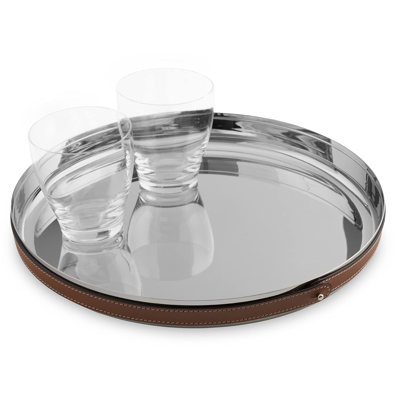 Nambe Tahoe Stainless Steel Bar Tray with Leather Accent - 13 Inch Round Metal Serving Tray with Raised Edges - Elegant Home Decor for Parties, Dining & Living Room Organization