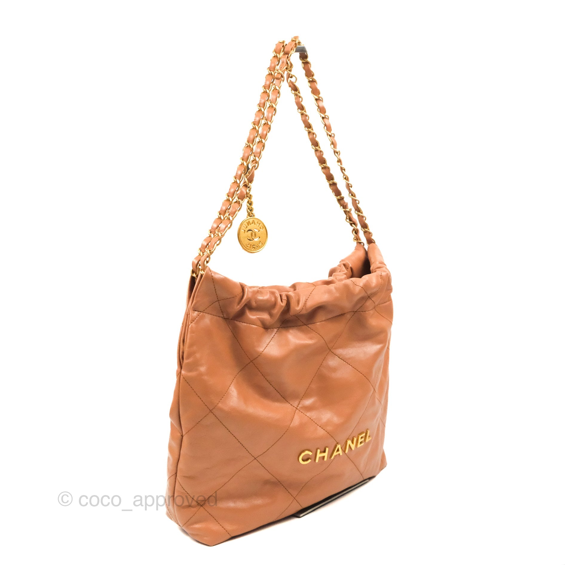 Chanel 22 Small Handbag in Caramel Beige Shiny Calfskin Leather with Aged Gold Hardware - Luxury Crossbody Bag for Women, Perfect for Date Night & Evening Events