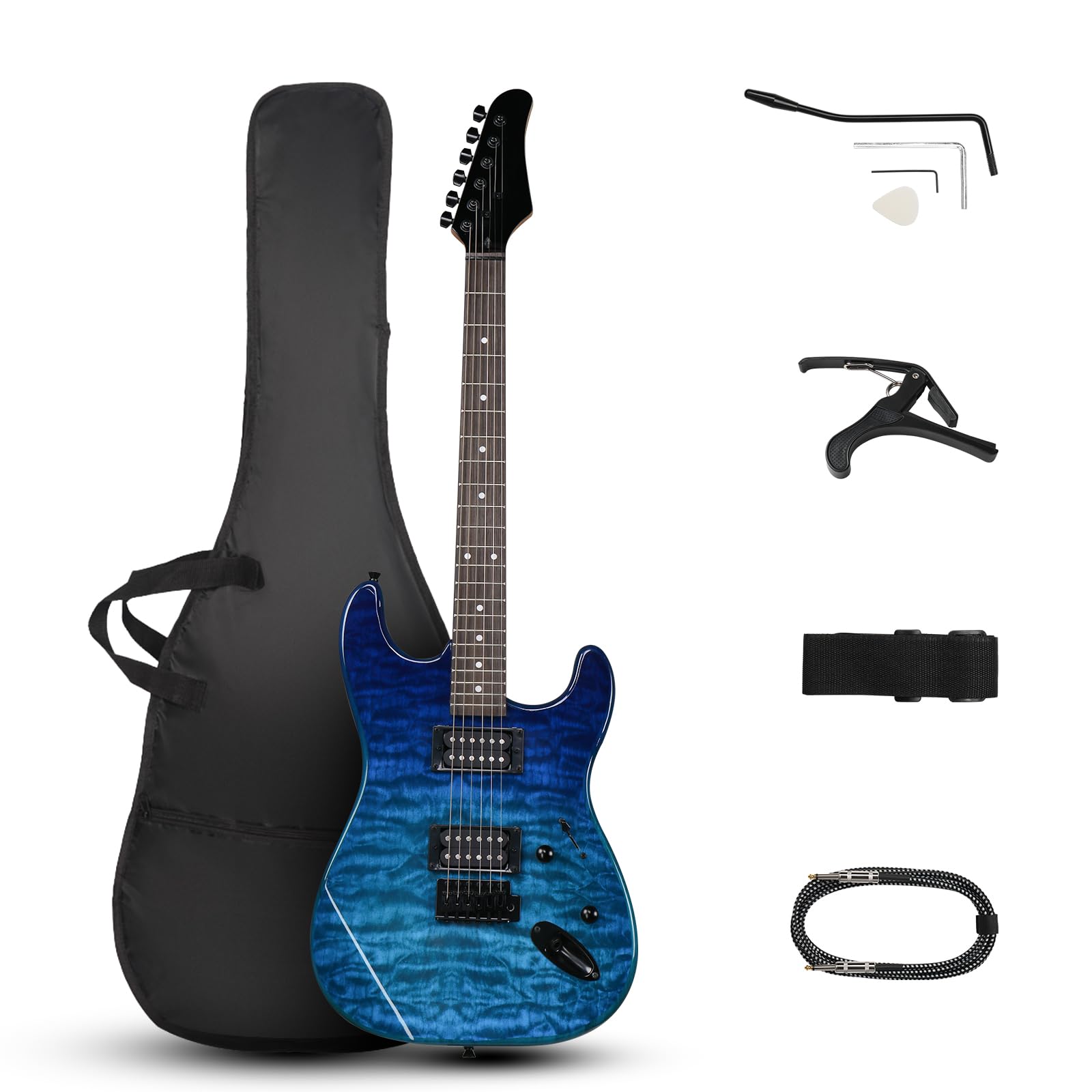 Ktaxon 39 Inch Full Size Electric Guitar with H-H Pickups - 6 String Solid Body Beginner Guitar Kit Includes Upgrade Cable, Capo, Tremolo Arm, Gig Bag & Strap (Ocean Blue) - Perfect for Beginners, Practice, Live Performances & Home Recording