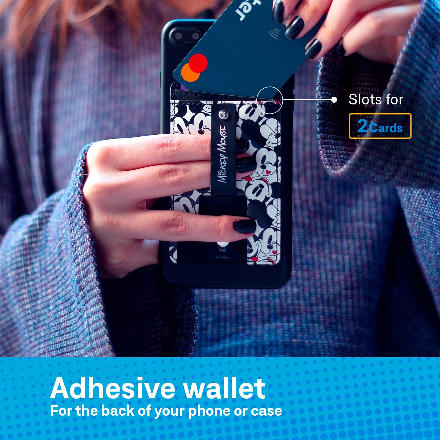 Disney Mickey Mouse Adhesive Phone Wallet Card Holder - Stick On Cell Phone Grip with Built-in Finger Strap & Kickstand - Compatible with iPhone & Smartphones - Perfect for Travel, Shopping & Daily Use (Black)