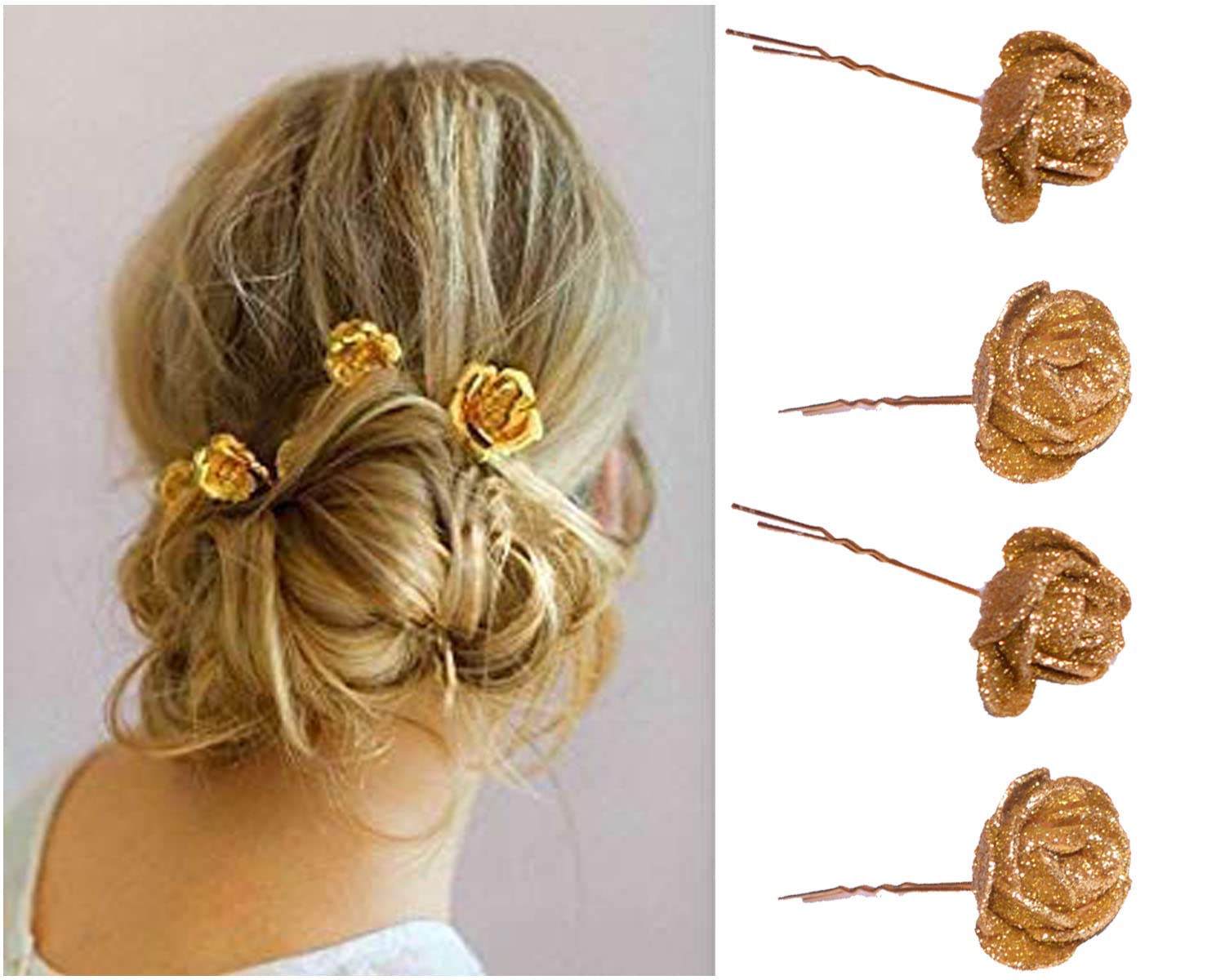 Kidzoo GOLDEN ROSE BRIDAL HAIR PINS - 4pc Glittering Hair Clips for Wedding, Bridesmaid & Special Occasions - Elegant Hair Accessories for Women & Girls - Perfect for Bridal, Prom and Formal Events