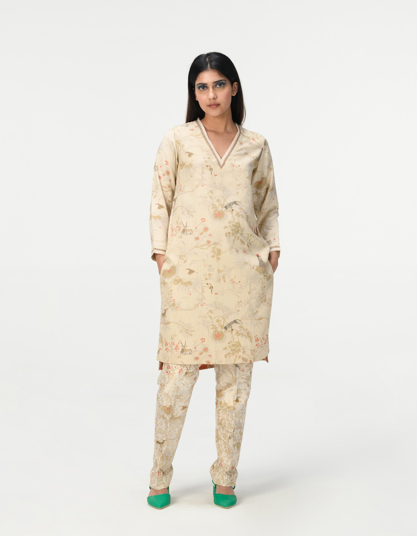 Roshan V Neck Kurta for Women - Elegant Muga Satin Ivory Indian Ethnic Wear - Perfect for Festivals, Weddings & Cultural Events