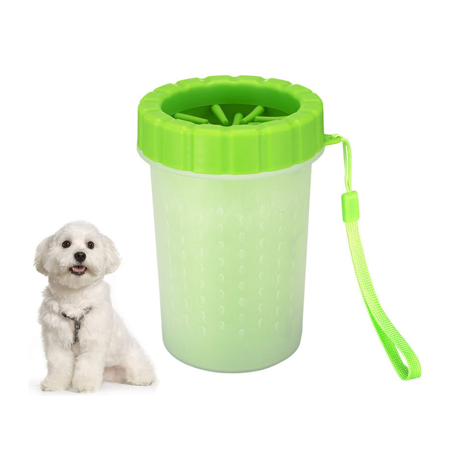 Dog Paw Cleaner Cup with Lanyard - 2-in-1 Portable Detachable Pet Cleaning Brush for Small, Medium & Large Dogs - Perfect for Indoor/Outdoor Use After Walks & Playtime - Green, 3.93x5.7x3.34 Inches