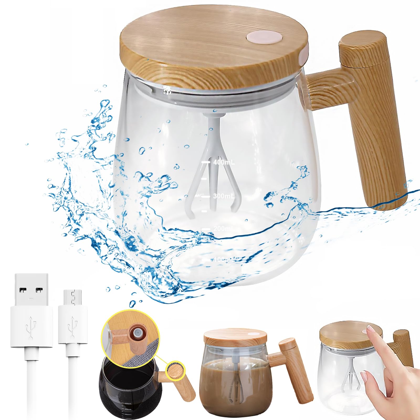 14oz Electric Self Stirring Coffee Mug with Lid - Automatic Mixing Cup with Detachable Stirring Rod for Coffee, Milk, Kale & Matcha - Transparent Design - Perfect for Office, Home & Travel Use