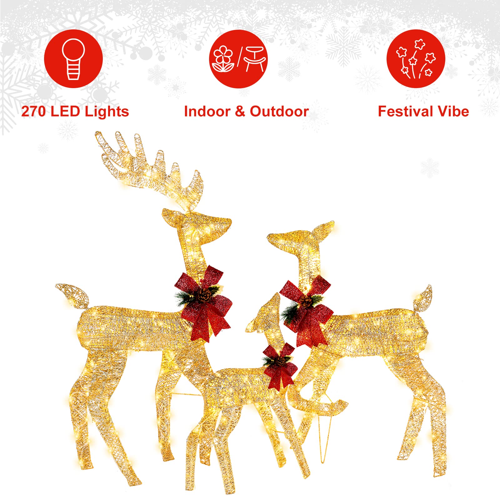 VINGLI Pre-lit Christmas Reindeer Decorations - 270 LED Outdoor Lighted Deer Family Set of 3 (Gold) | Weatherproof Holiday Yard Decor for Home, Garden, and Indoor Christmas Displays