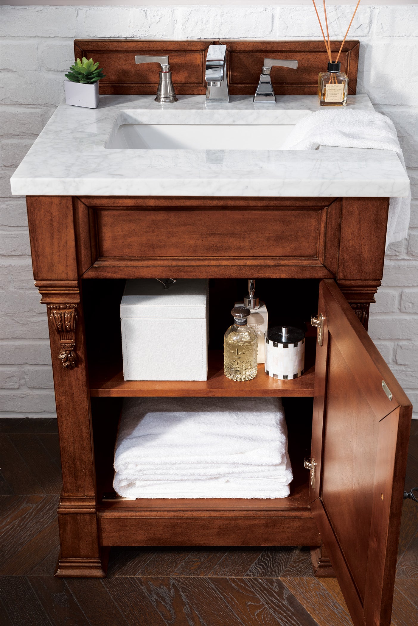 Brookfield 26 Inch Single Bathroom Vanity with Warm Cherry Finish & 3CM Carrara Marble Top - Perfect for Modern Home, Guest Bathroom, and Small Space Renovation