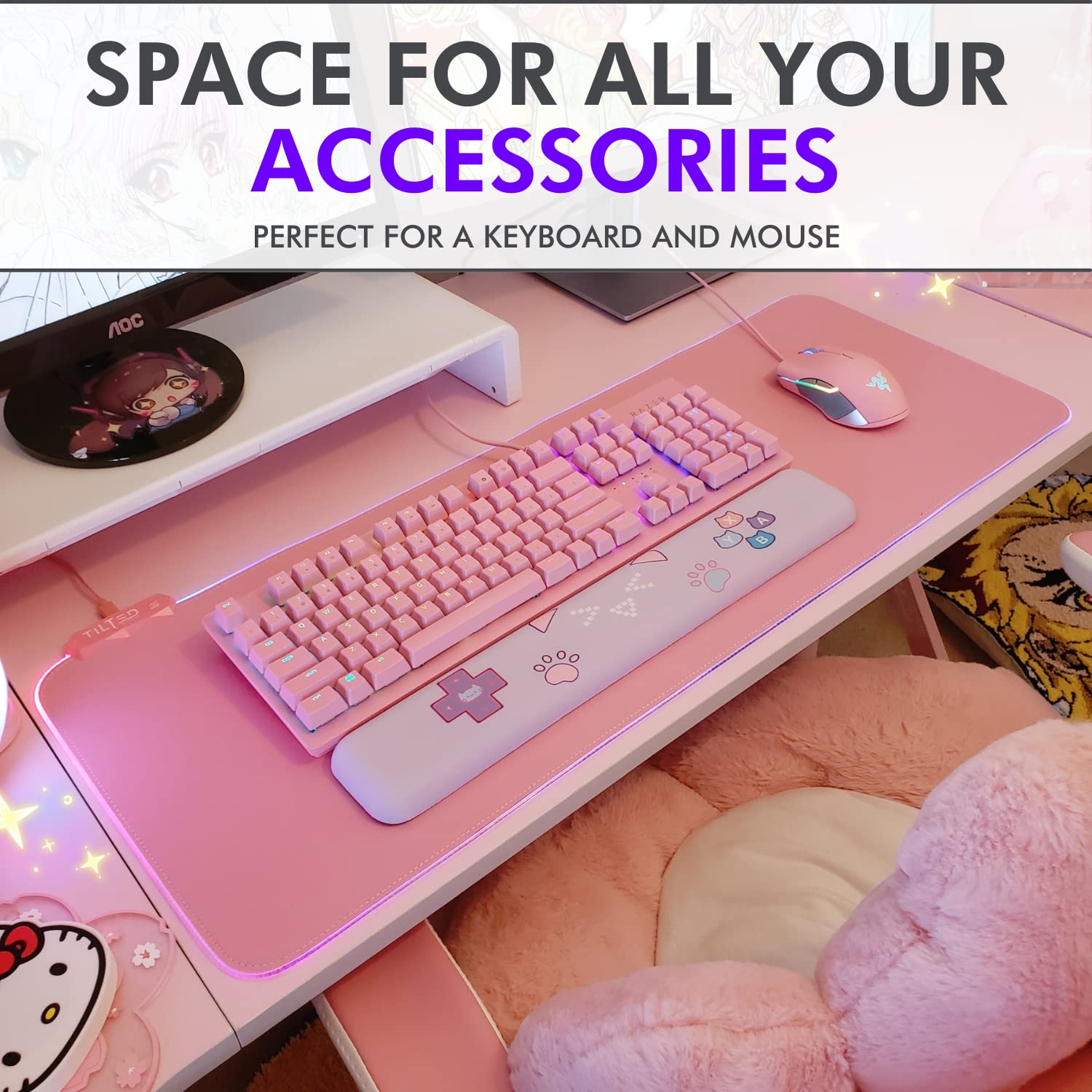 Tilted Nation Pink RGB Gaming Mouse Pad - Large LED Mouse Mat with 8 Light Modes, Smooth Gliding Surface & Easy to Clean | Perfect for Girl Gamers & Streamers | Ideal for Gaming Setup, Office Work & PC Battlestation