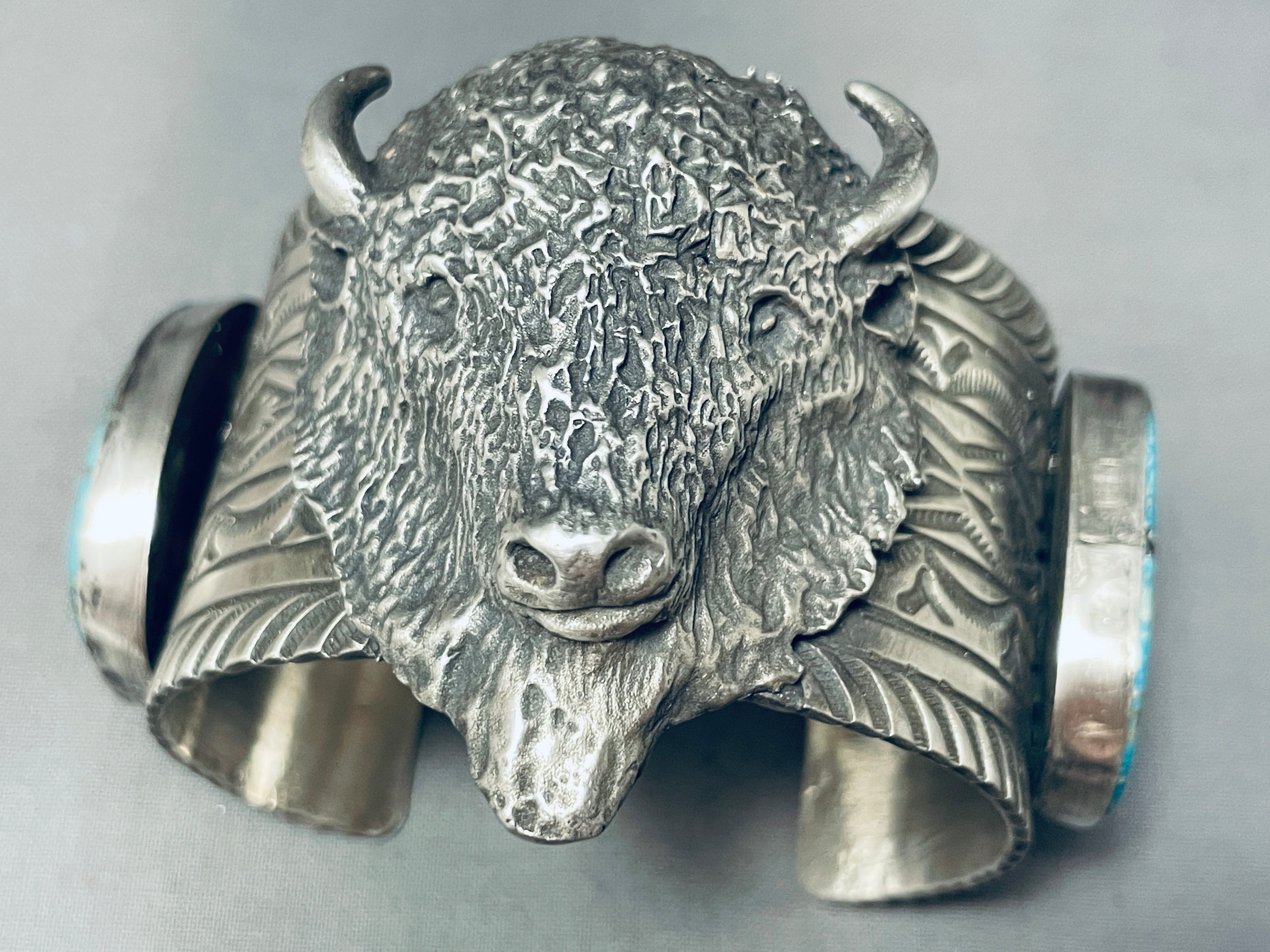 Authentic Navajo Sterling Silver Bison Bracelet with Genuine Turquoise (175g) - Handmade Native American Jewelry for Women, Boho Fashion Accessory, Perfect for Festivals & Spiritual Gifts