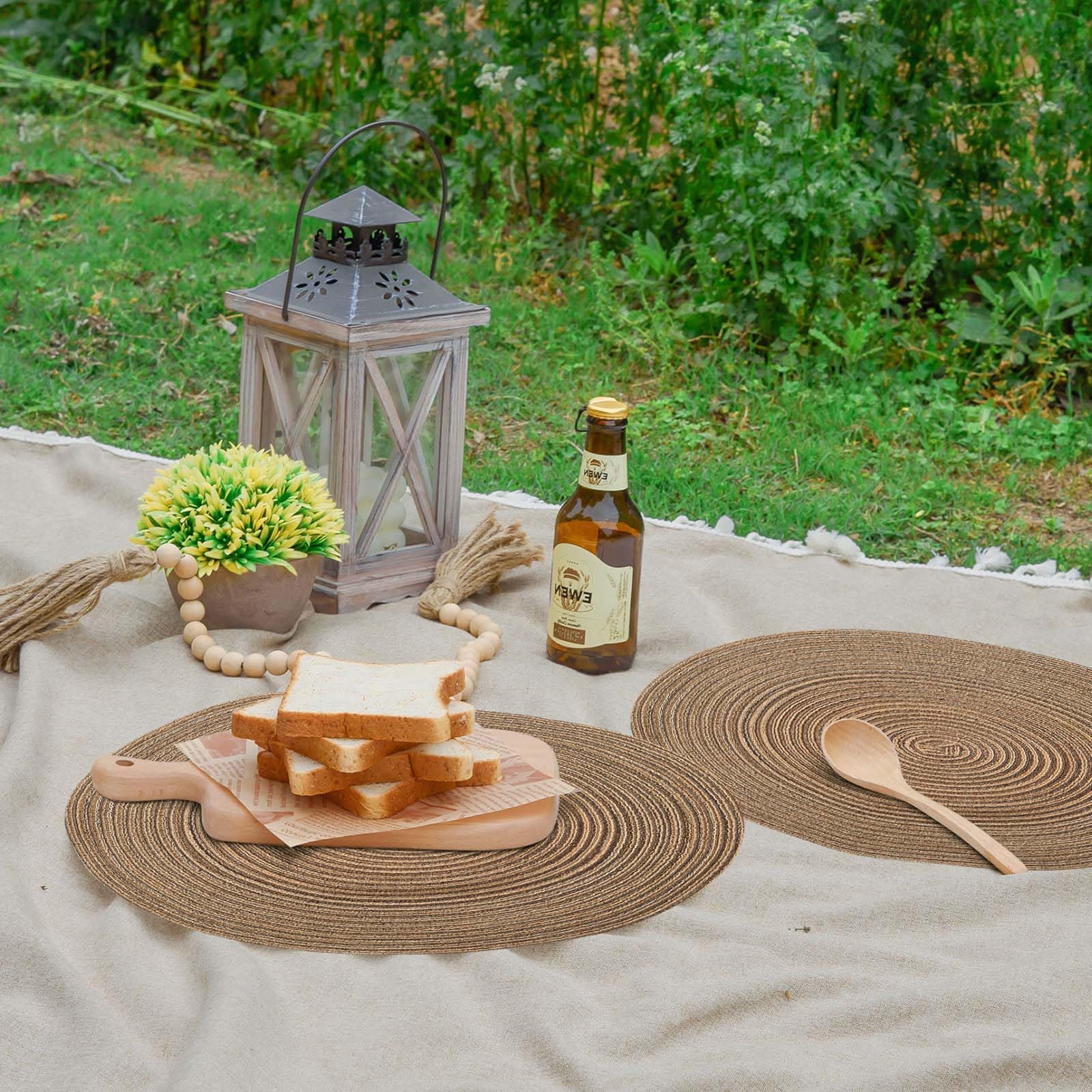 Natural Woven Round Braided Placemats Set of 6 - 15 Inch Heat Resistant Table Mats for Dining, Kitchen & Outdoor Use - Eco-Friendly Brown Home Decor