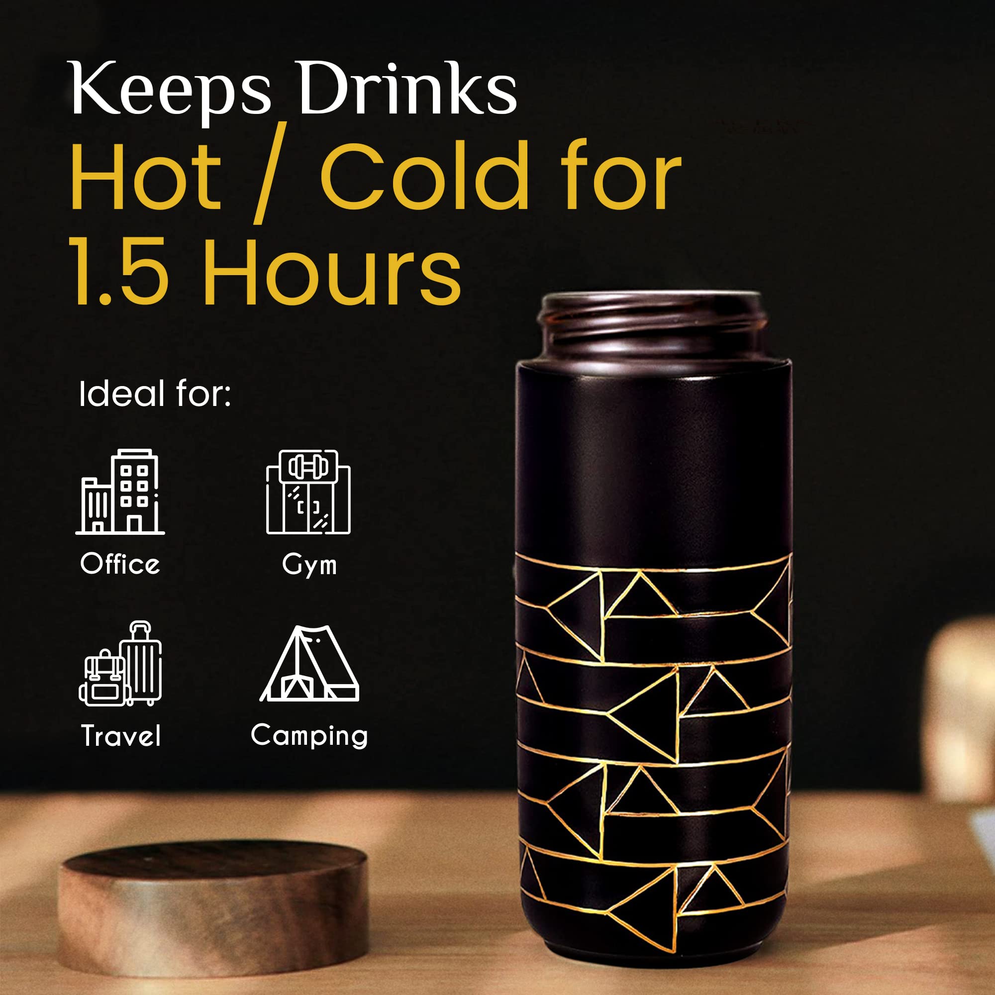 ACERA Liven - Premium Double Wall Insulated Travel Mug with Leak-Proof Lid | Ceramic Tourmaline Water Bottle for Coffee, Tea & Juice | Thermal Tumbler for Office, Gym & Outdoor Adventures (Black)