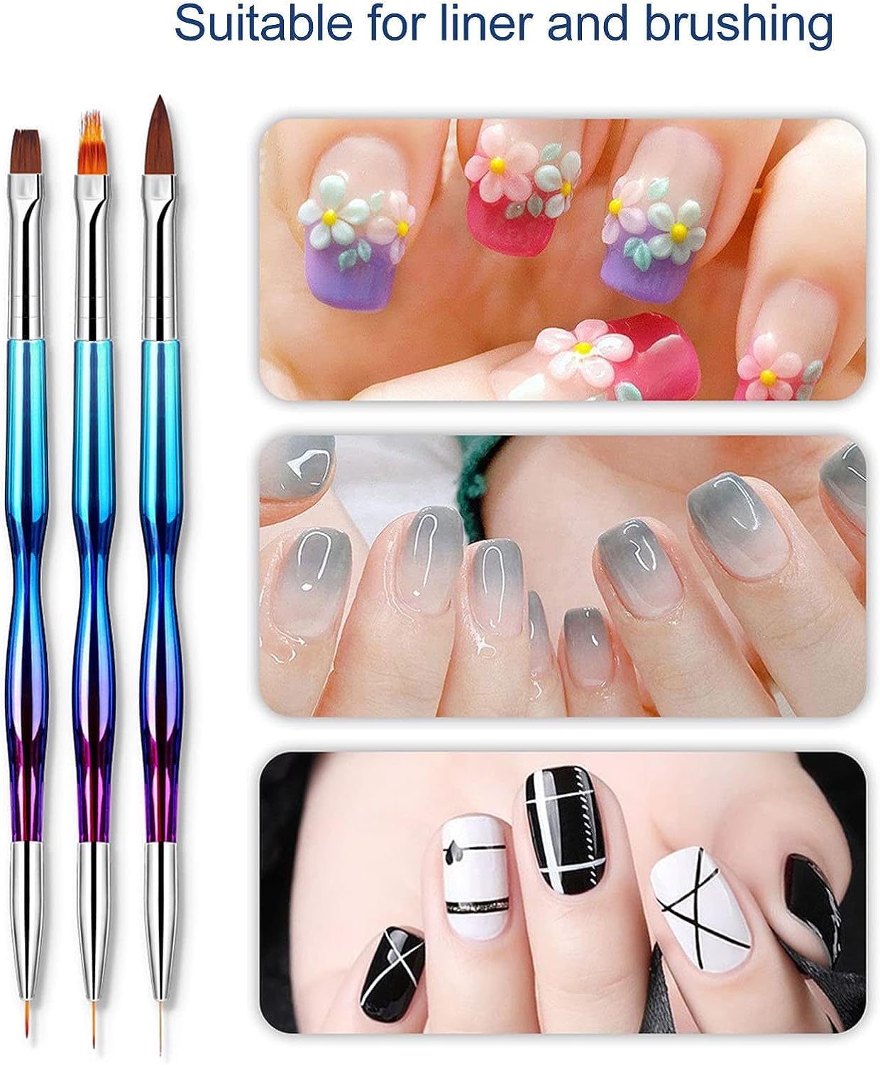 NAILWIND 3pcs Double Ended Nail Art Brush Set - Professional Gel Nail Liner & Painting Brushes for Nail Design, DIY Manicure & Salon Use - Perfect for Acrylic, Gel Polish & Nail Art Accessories