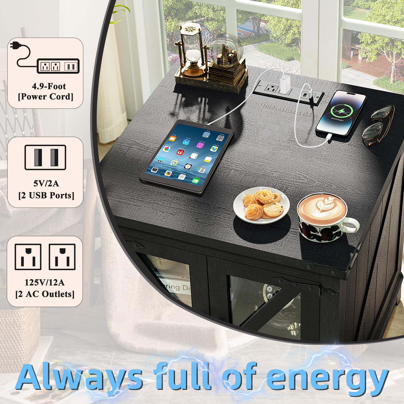 3-Piece Farmhouse Coffee Table Set with Charging Station & Hidden Storage - Large End/Side Tables & Coffee Table - Black Wood Living Room Furniture for Home, Office & Family Gatherings