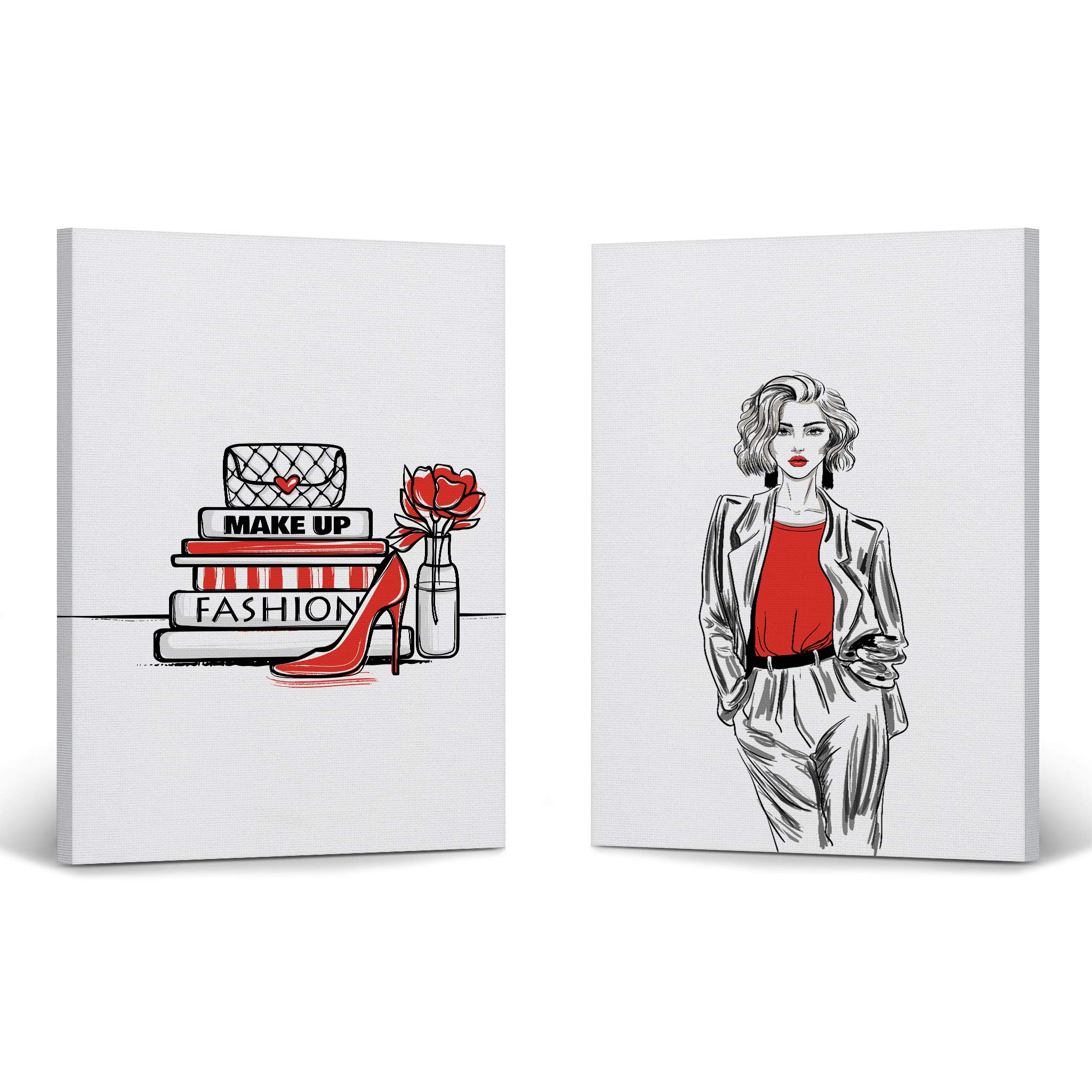 Glam Fashion Canvas Wall Art - 2 Piece Set with Red, Black & White Book, Bag & High Heels Print - Ready to Hang (22x15 Inches) - Perfect for Office, Bathroom, Women's Dorm, Bedroom & Living Room Decor
