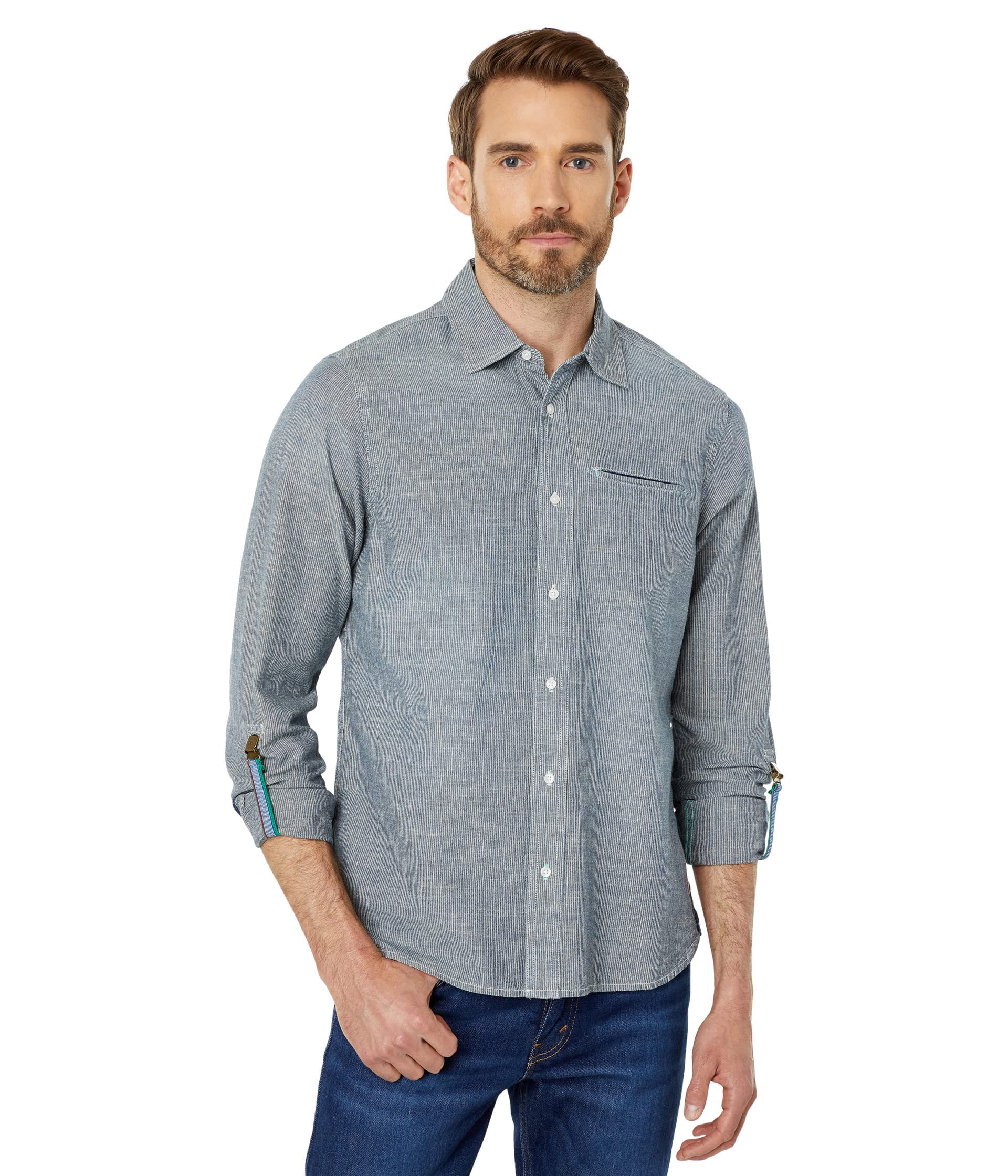 Scotch & Soda Men's Regular Fit Indigo Striped Casual Shirt with Adjustable Sleeves | Stylish Office Wear & Weekend Outfits