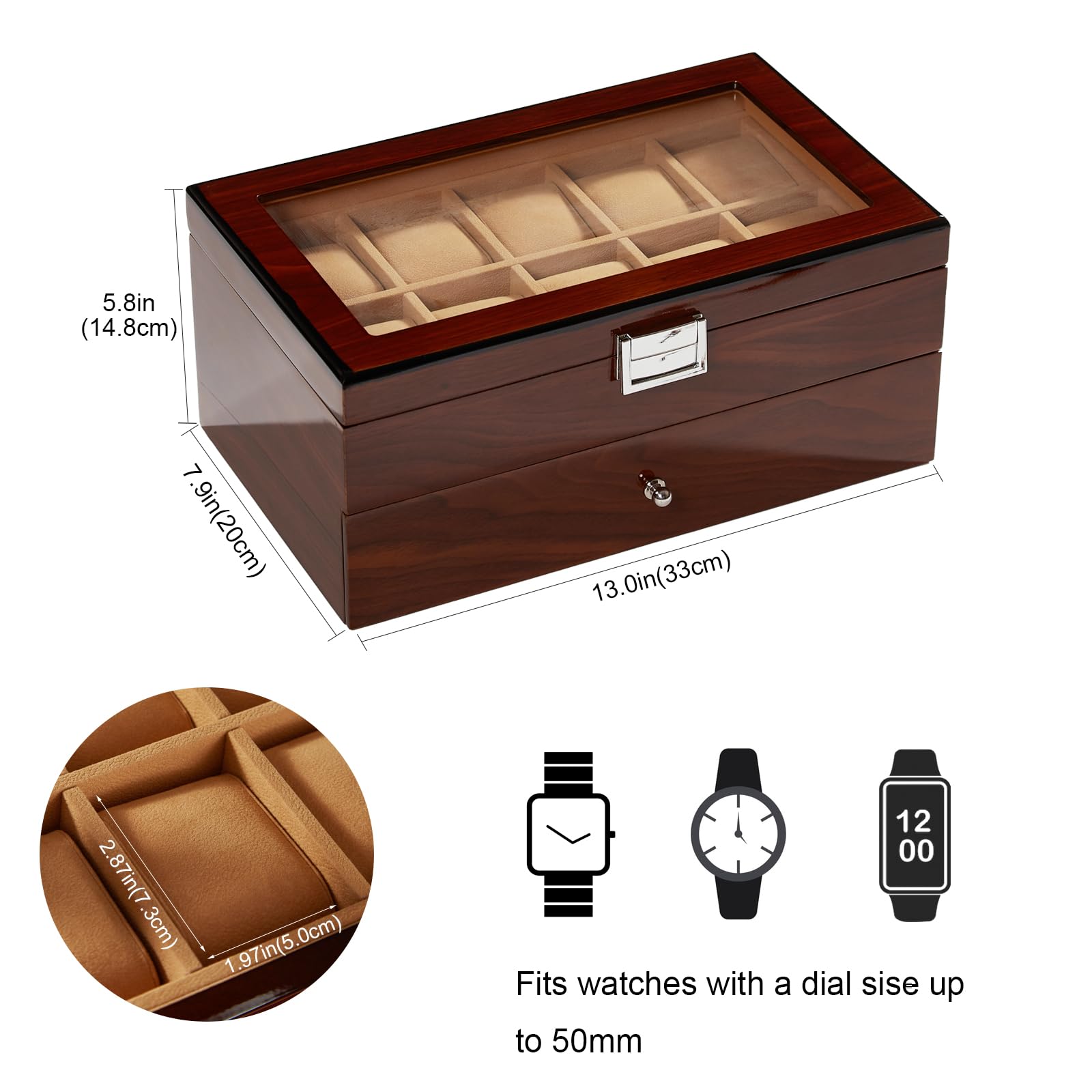 10-Slot Wooden Watch Box with Glass Lid & Drawer - 2-Layer Jewelry Organizer for Men & Women - Perfect for Watch Display, Collection Storage & Gift Giving