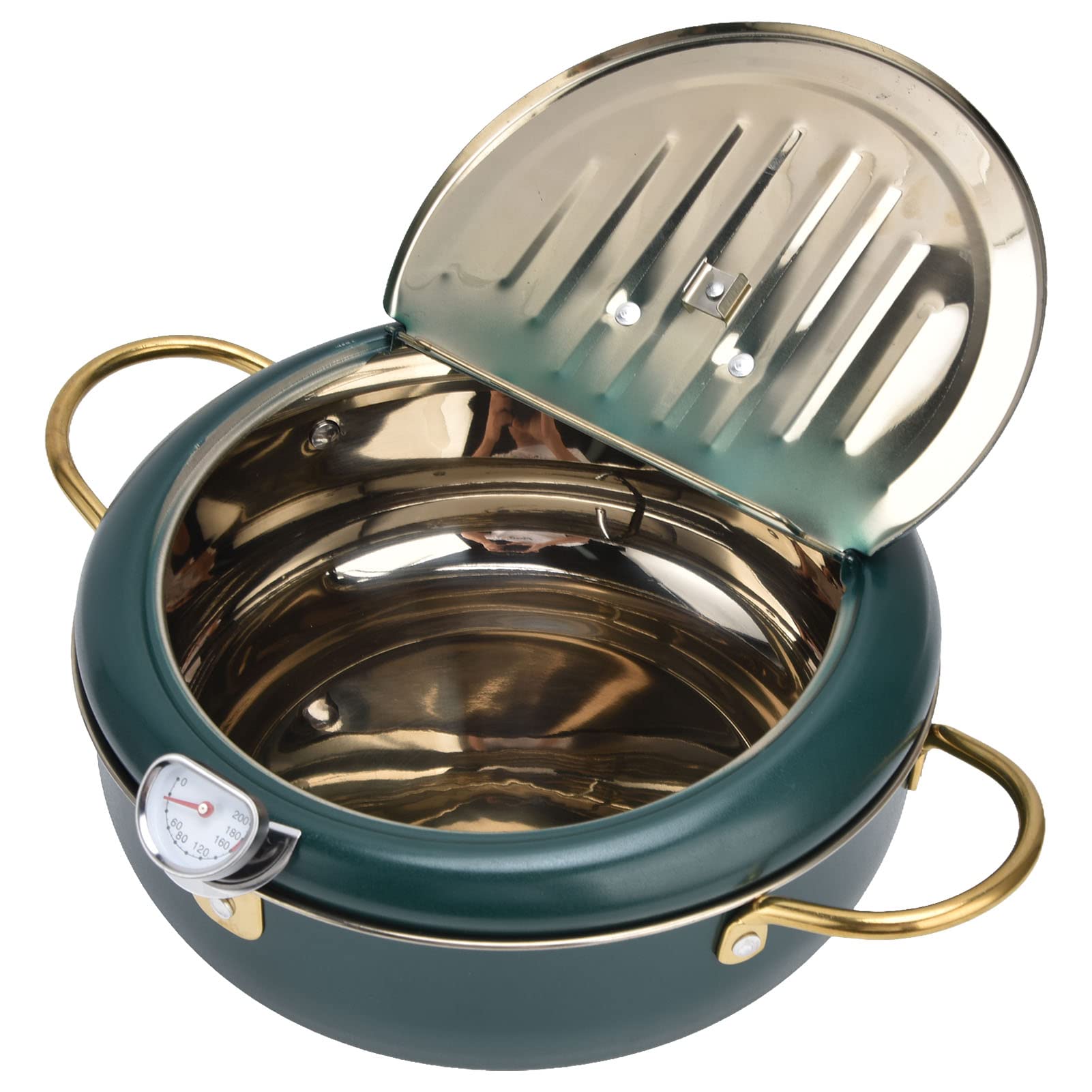 304 Stainless Steel Japanese Style Deep Fryer Pot with Thermometer - Home Tempura Fryer for French Fries, Shrimp, Chicken, Steak & More | Perfect for Restaurants, Home Kitchens & Outdoor Cooking (Black/Green)