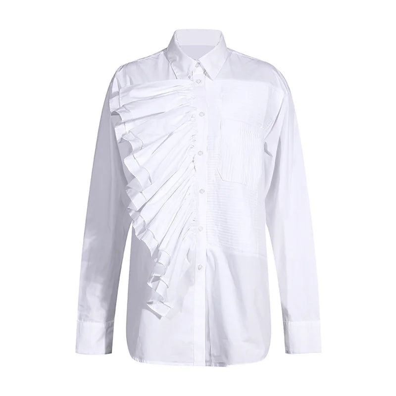 Asymmetrical Patchwork Ruffle Blouse for Women - Lapel Long Sleeve Pleated Casual Shirt - Fall Fashion Trendy Top for Office, Date Night & Everyday Wear