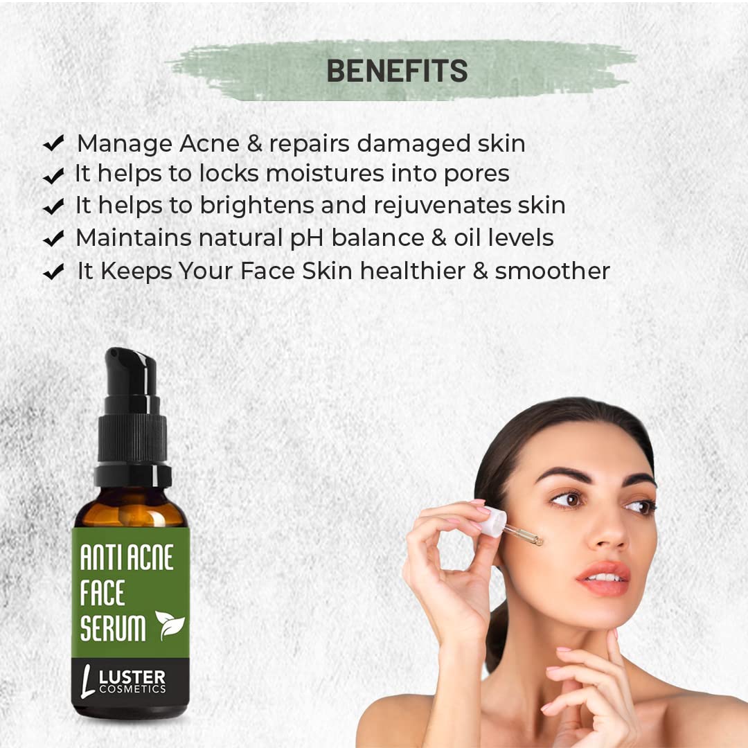 Luster Cosmetics Anti Acne Face Serum with Neem, Ginger, Tulsi, Tea Tree Oil, Turmeric & Aloe Vera | Oil Control & Hydration for Oily & Dry Skin | Acne Treatment for Women & Men | 30ml | Perfect for Daily Skincare & Blemish Prevention