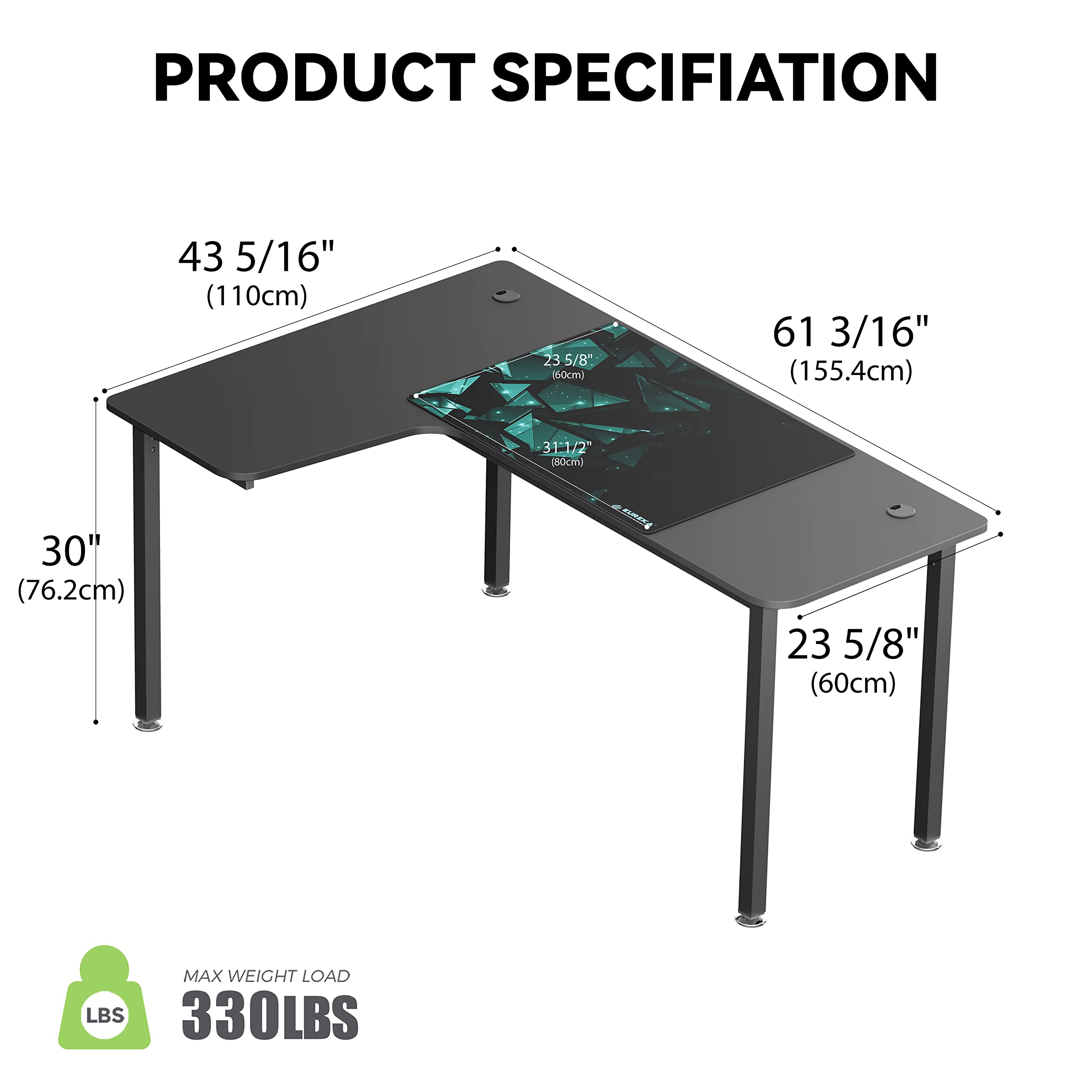 L-Shaped Gaming Desk 60 Inch Corner Computer Desk - Modern Study Writing Workstation with Large Mouse Pad, Sturdy Metal Frame, Easy Assembly (Black) - Perfect for Home Office, Gaming Setup & Small Spaces