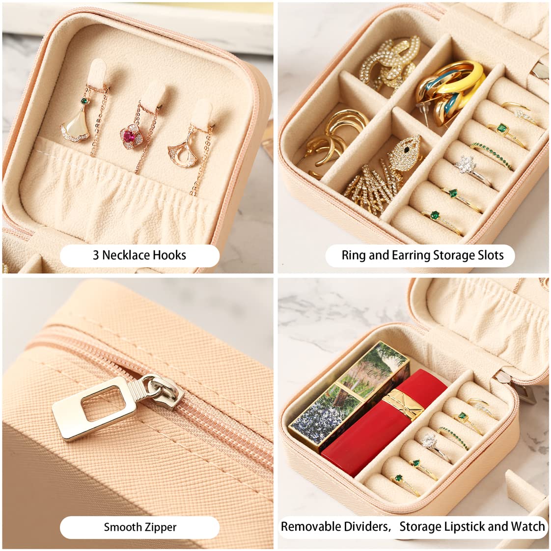 Portable Travel Jewelry Organizer Box - Compact Jewelry Storage Case for Rings, Earrings, Necklaces, Watches & Lipsticks | Pink Mini Jewelry Holder for Women | Perfect for Vacation, Business Trips & Daily Use