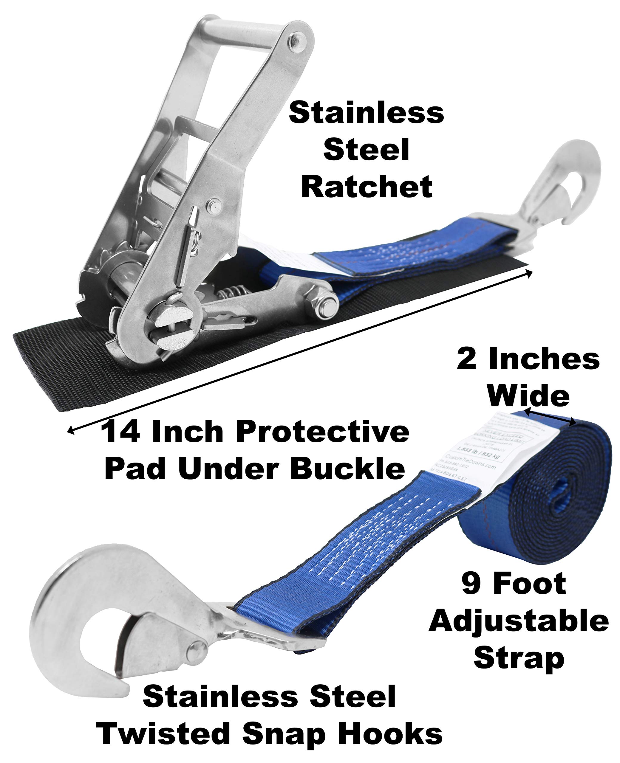 2 Inch x 10 Foot Heavy Duty Stainless Steel Ratchet Strap with Protective Buckle Pad & Twist Snap Hook - Secure Cargo, Motorcycle, ATV, Boat & Outdoor Gear (Blue) - Perfect for Transport, Towing & Storage