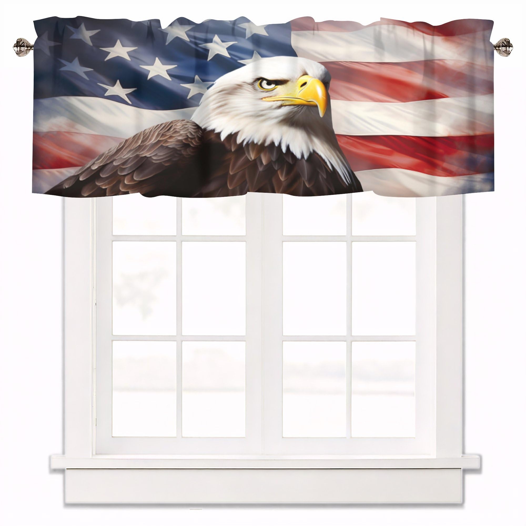 American Flag Valance Curtains - 54 x 18 Inch Rod Pocket Window Treatments for Kitchen, Bathroom & Bedroom - Patriotic Eagle Design for Independence Day Decor & Home Styling