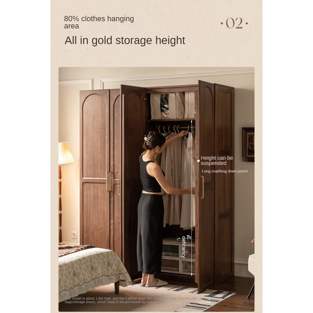Vintage French Style Black Walnut Solid Wood Wardrobe - Classic Retro Closet for Bedroom & Living Room Storage