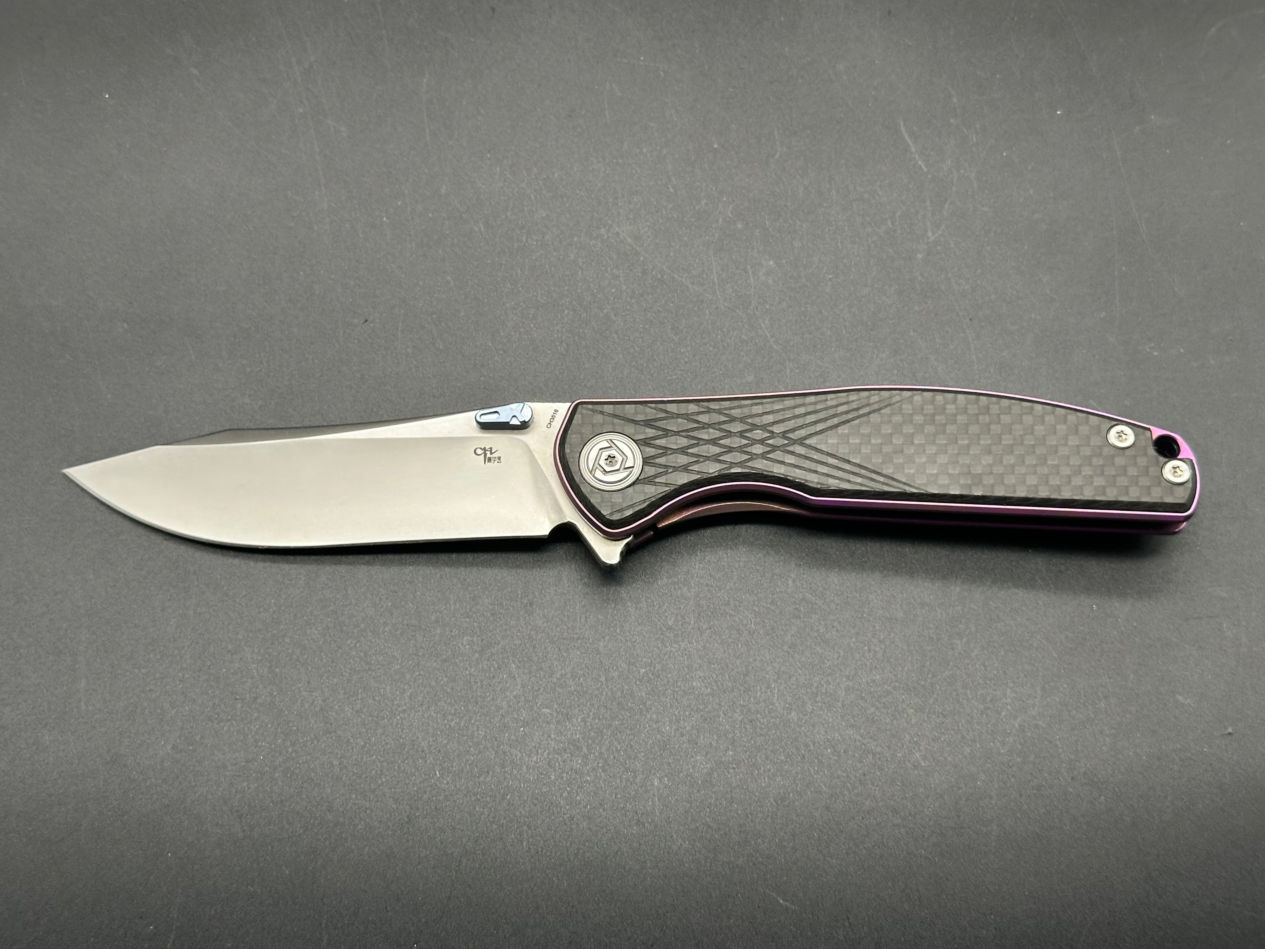 CH Knives CH3516 Folding Pocket Knife - S35VN Steel Blade, Purple Titanium Frame & Carbon Fiber Scales - EDC, Camping, Outdoor Survival Tool