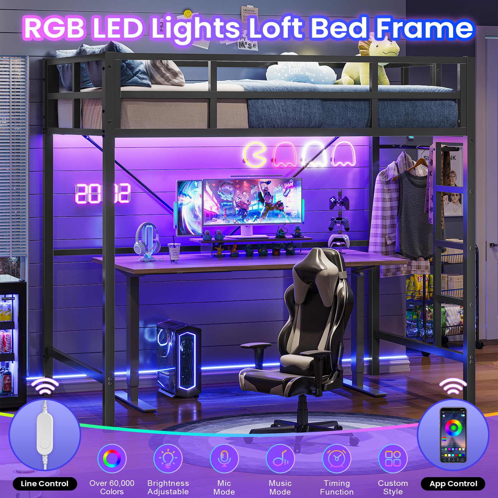 Hasuit Twin Loft Bed with LED Lights - Sturdy Metal Loft Bed Frame with Full Guardrail & Closet Organizer | Space-Saving Design, Quiet & No Box Spring Needed (Black) | Perfect for Small Apartments, Dorms & Kids' Rooms