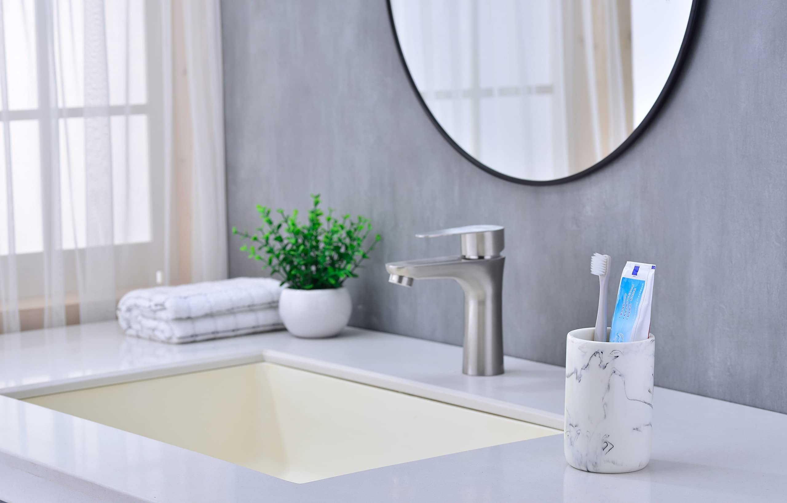 White Marble Look Resin Bathroom Tumbler Cup - Multifunctional Toothbrush & Toothpaste Holder, Pencil Organizer for Bathroom Countertop | Stylish Vanity Accessory for Modern Home Decor