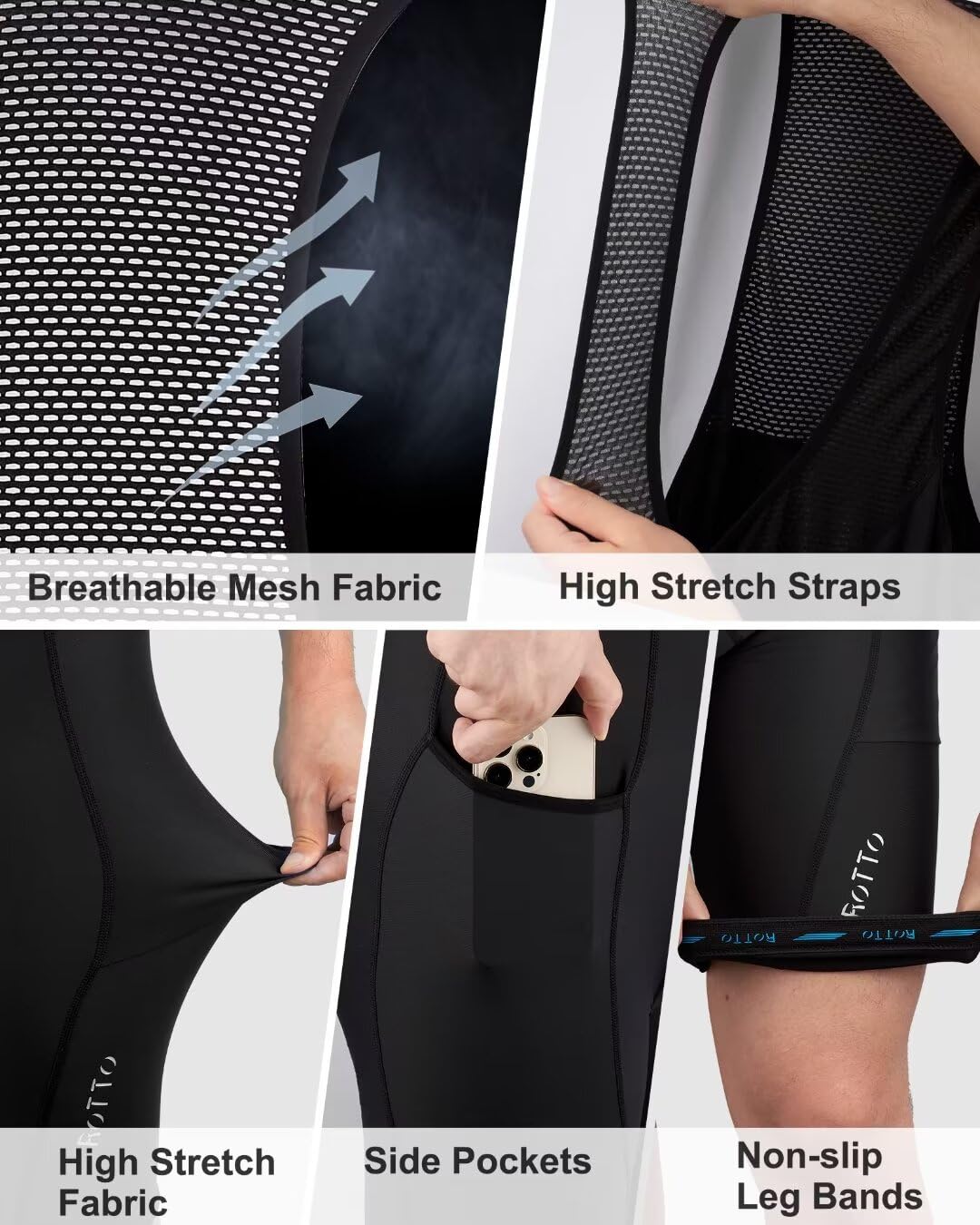 ROTTO Men's Cycling Bib Shorts with Sponge & Gel Padding - Breathable & Comfortable for Road Bike, Mountain Bike & Indoor Training - Perfect for Long Distance Rides, Commuting & Cycling Workouts