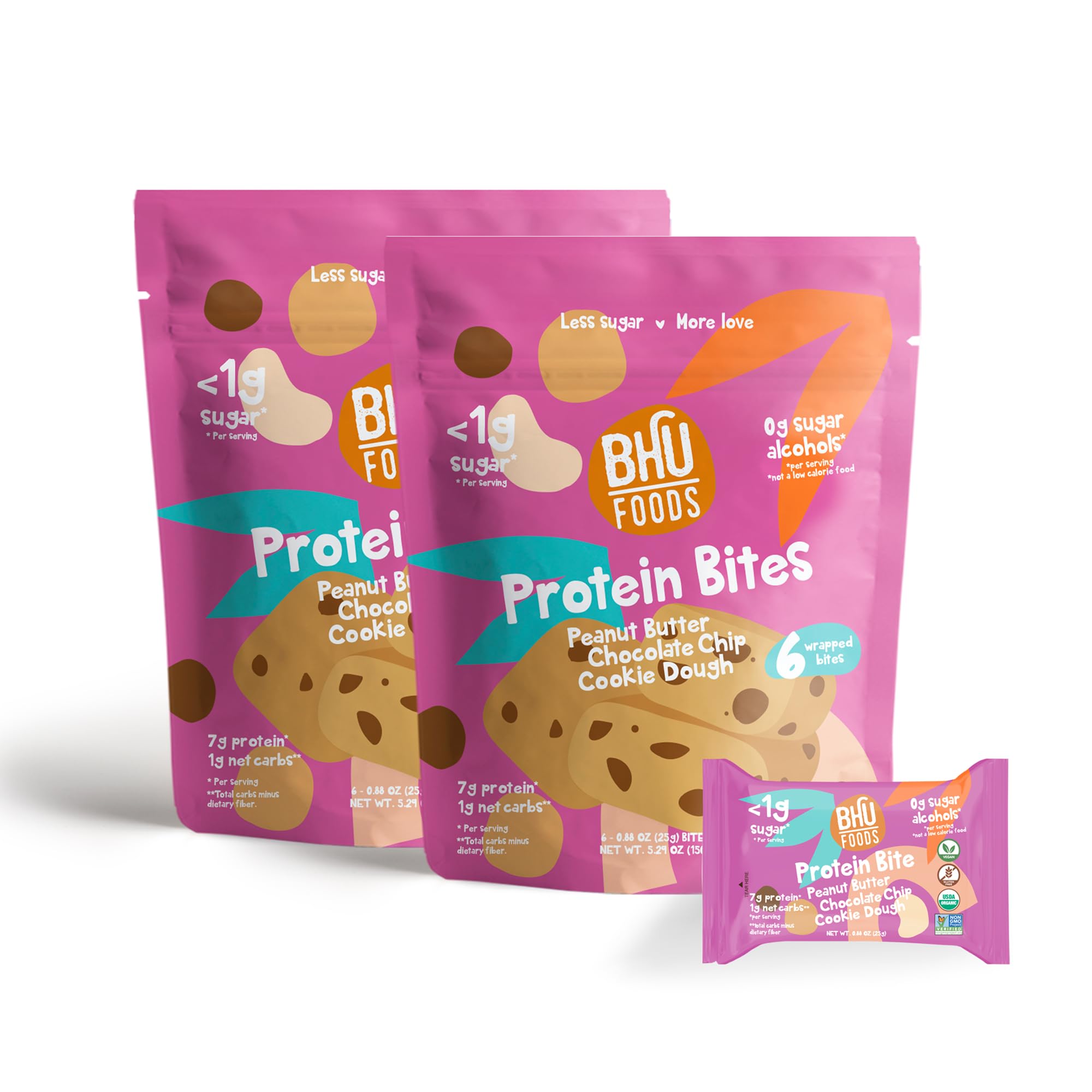 Organic Keto Bites - Peanut Butter Chocolate Chip Cookie Dough | Gluten Free, Vegan, Low Carb & Sugar Snacks for Adults & Kids | Individually Wrapped (2 Pack) | Perfect for On-the-Go, School Lunches & Keto Diet